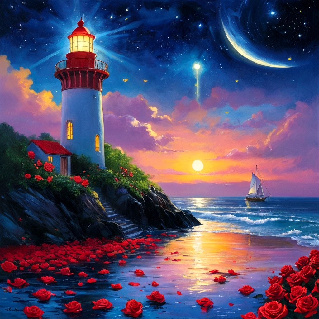 Moonless nights,seaside,Long shot,In the distance is the quiet and bright starry sky and the lighthouse on the island,Screen bottom corner(Southwest)There are glowing sea water and beaches,(seaside有一条发光的明亮的弯曲的小路延伸到Southeast,There are large patches of red roses growing on the roadside,The golden flowers illuminate the path),Glowing rose petals floating on the sea,Clear edge glow rendering,Neon light effects,Emphasize the lower right corner(Southeast)The brightest colors,The overall picture forms a strong contrast between light and dark colors from north to south,水彩画Ink splashing质感,Light and Shadow Art,Gorgeous, romantic, beautiful and dreamy atmosphere,Large game CG scenes,Light painting rendering,Light particle effects,Flowing Lights,seaside闪烁的明亮的灯光, Beautiful art UHD 4K, Oil painting texture,Beautiful Numbers艺术作品, A quiet night. Beautiful Numbers, Amazing wallpapers, 4k highly detailed digital art, Fantasy seascape, 4K HD illustration wallpaper, beautiful digital illustration,8k concept art,Fantasy Art,Ink splashing