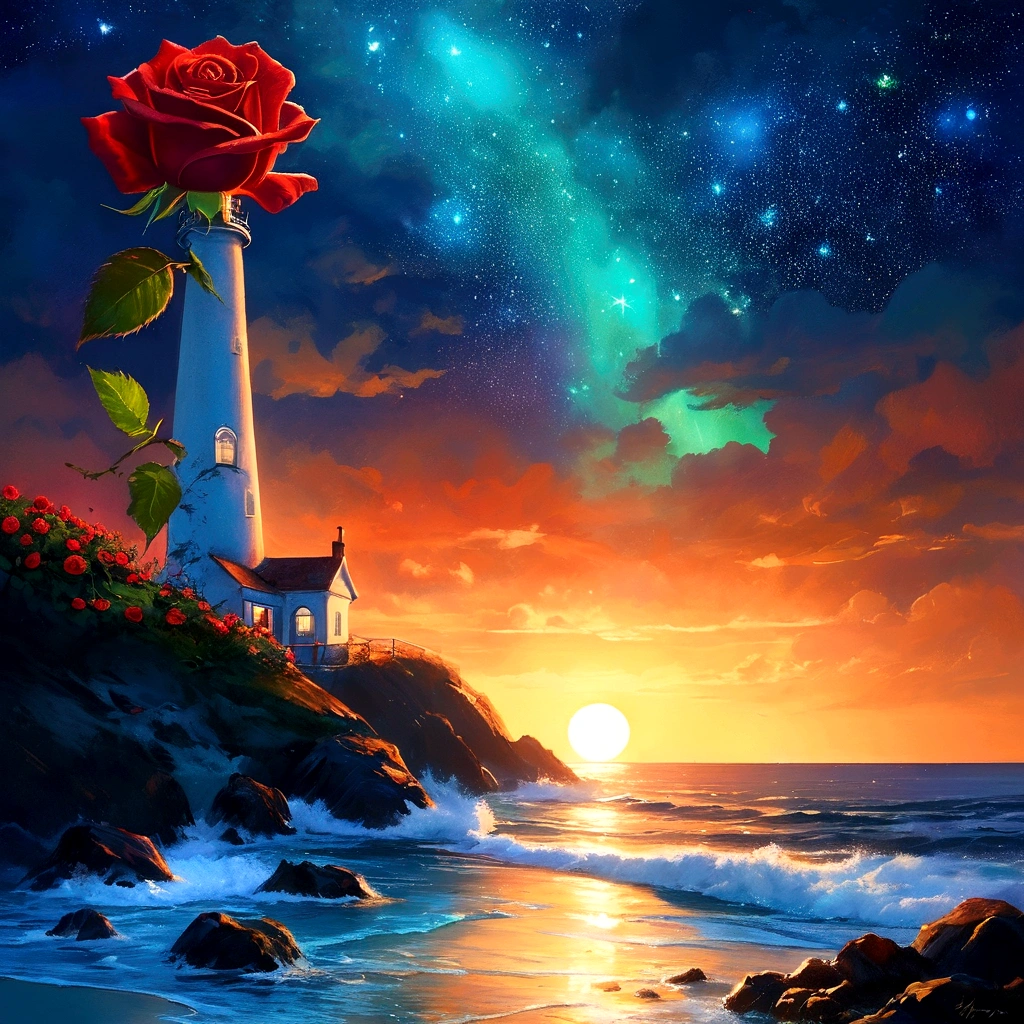Moonless nights,seaside,Long shot,In the distance is the quiet and bright starry sky and the lighthouse on the island,Screen bottom corner(Southwest)There are glowing sea water and beaches,(seaside有一条发光的明亮的弯曲的小路延伸到Southeast,There are large patches of red roses growing on the roadside,The golden flowers illuminate the path),Glowing rose petals floating on the sea,Clear edge glow rendering,Neon light effects,Emphasize the lower right corner(Southeast)The brightest colors,The overall picture forms a strong contrast between light and dark colors from north to south,水彩画Ink splashing质感,Light and Shadow Art,Gorgeous, romantic, beautiful and dreamy atmosphere,Large game CG scenes,Light painting rendering,Light particle effects,Flowing Lights,seaside闪烁的明亮的灯光, Beautiful art UHD 4K, Oil painting texture,Beautiful Numbers艺术作品, A quiet night. Beautiful Numbers, Amazing wallpapers, 4k highly detailed digital art, Fantasy seascape, 4K HD illustration wallpaper, beautiful digital illustration,8k concept art,Fantasy Art,Ink splashing