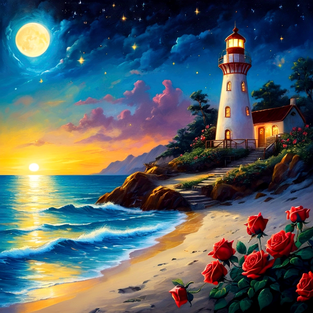 Moonless nights，seaside，Long shot，In the distance is the quiet and bright starry sky and the lighthouse on the island，Screen bottom corner（Southwest）There are glowing sea water and beaches，(seaside有一条发光的明亮的弯曲的小路延伸到Southeast，There are large patches of red roses growing on the roadside，The golden flowers illuminate the path)，Glowing rose petals floating on the sea，Clear edge glow rendering，Neon light effects，Emphasize the lower right corner（Southeast）The brightest colors，The overall picture forms a strong contrast between light and dark colors from north to south，水彩画Ink splashing质感，Light and Shadow Art，Gorgeous, romantic, beautiful and dreamy atmosphere，Large game CG scenes，Light painting rendering，Light particle effects，Flowing Lights，seaside闪烁的明亮的灯光， Beautiful art UHD 4K， Oil painting texture，Beautiful Numbers艺术作品， A quiet night. Beautiful Numbers， Amazing wallpapers， 4k highly detailed digital art， Fantasy seascape， 4K HD illustration wallpaper， beautiful digital illustration,8k concept art，Fantasy Art，Ink splashing