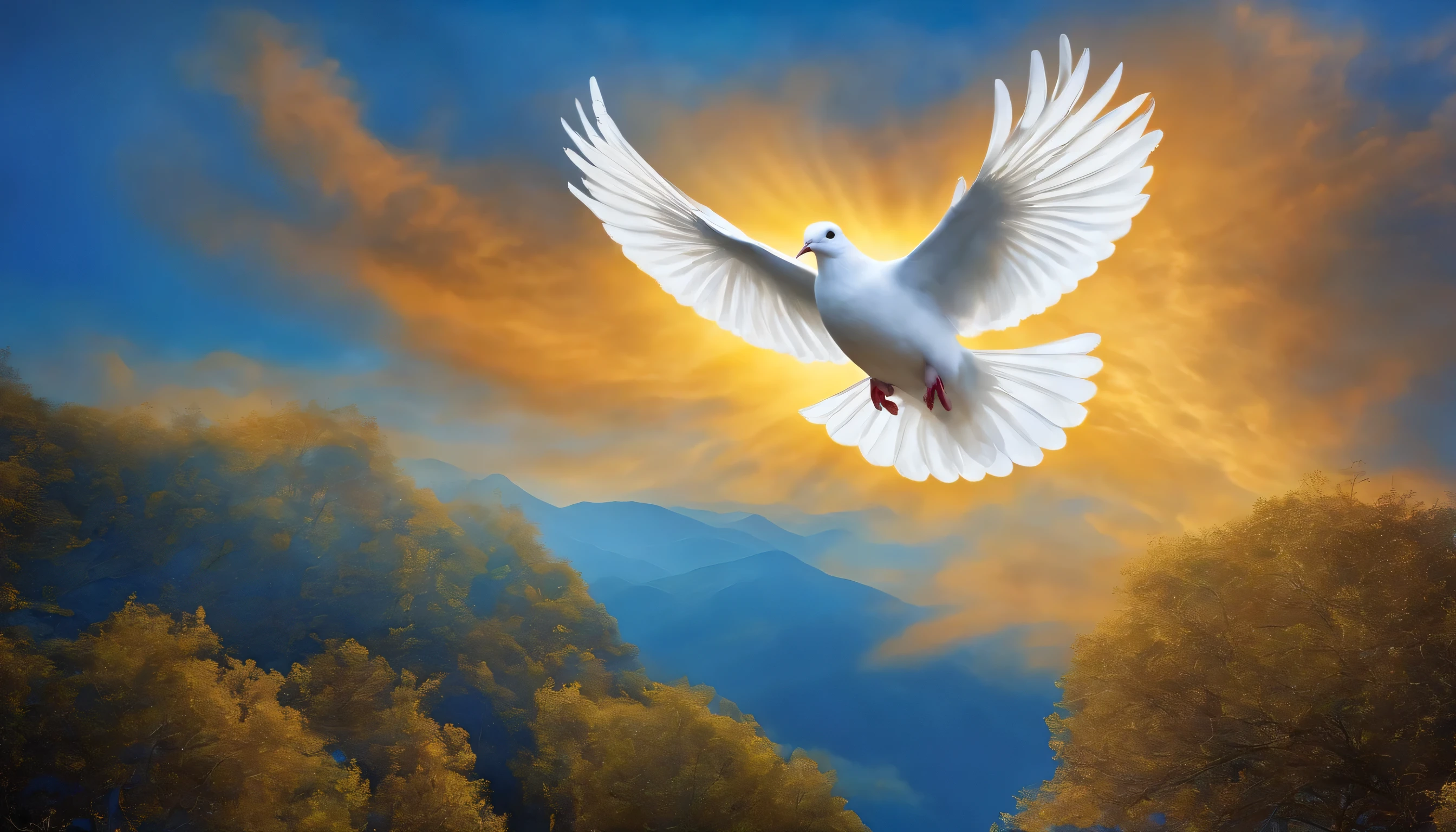 pigeon, symbolizing the Holy Spirit, blue background, descending from the sky, religion, painting style, lights