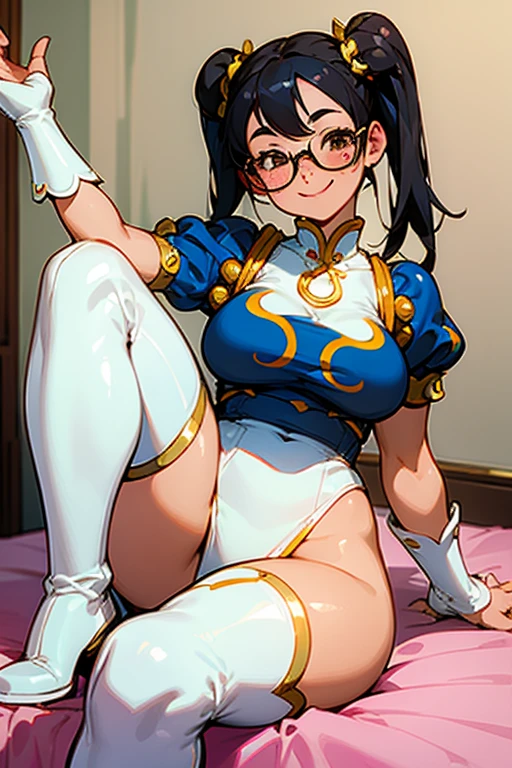 A chubby girl with black hair, freckles and glasses, dressed as Chun-Li in white boots, smiling gently in her room