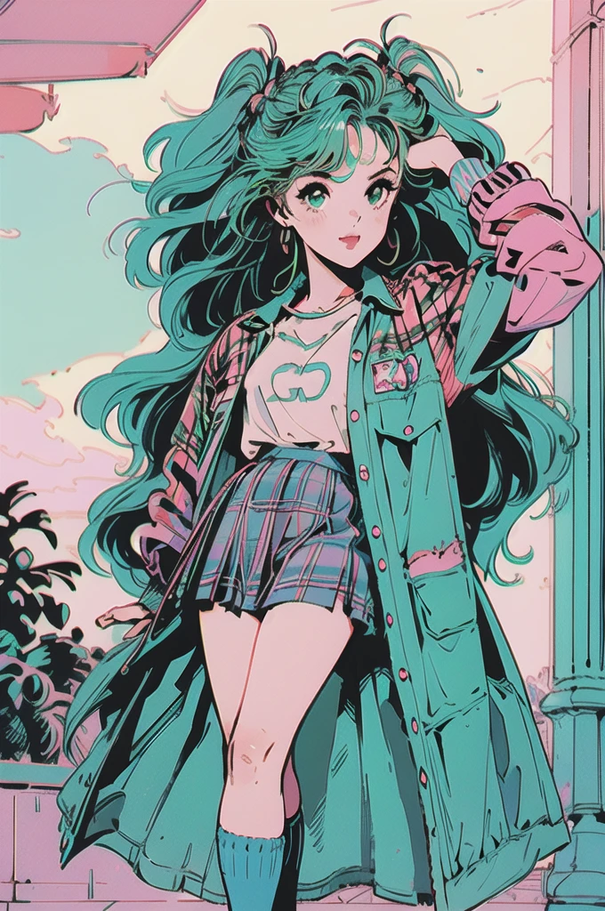 Volume hair, soft hair, emerald green hair and pink inner color, wavy hair, gradation hair, green hair, side braids, wavy hair, two side up, cloud hair, emerald green eyes, high school girl, Cheerful and active, blonde clip, loose socks, plaid skirt, holding smartphone, on the street, (best) quality, 4K, 8K, high resolution, masterpiece: 1.2), ultra-definition, bright colors, soft lighting