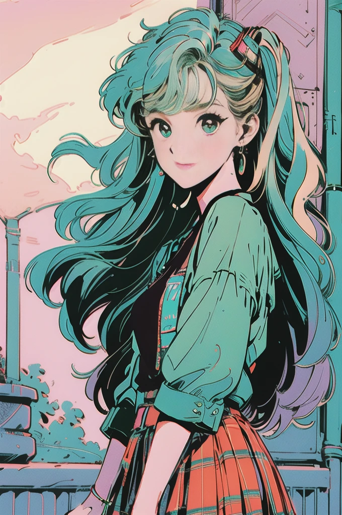 Volume hair, soft hair, emerald green hair and pink inner color, wavy hair, gradation hair, green hair, side braids, wavy hair, two side up, cloud hair, emerald green eyes, high school girl, Cheerful and active, blonde clip, loose socks, plaid skirt, holding smartphone, on the street, (best) quality, 4K, 8K, high resolution, masterpiece: 1.2), ultra-definition, bright colors, soft lighting