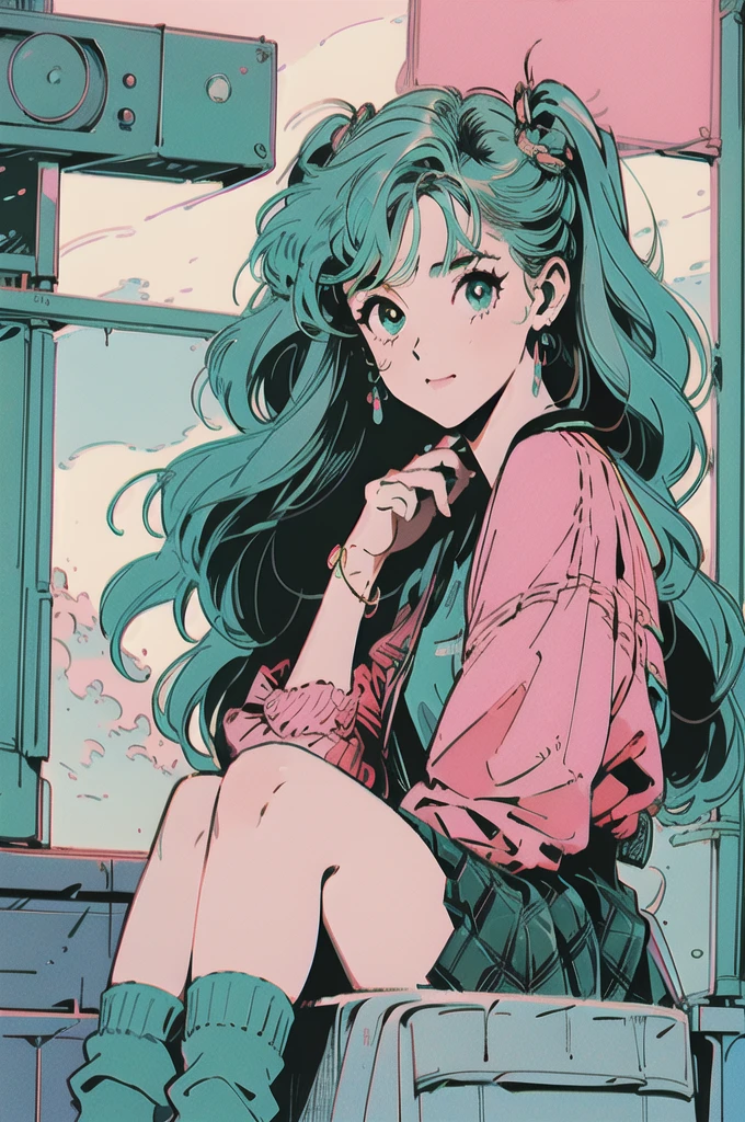 Volume hair, soft hair, emerald green hair and pink inner color, wavy hair, gradation hair, green hair, side braids, wavy hair, two side up, cloud hair, emerald green eyes, high school girl, Cheerful and active, blonde clip, loose socks, plaid skirt, holding smartphone, on the street, (best) quality, 4K, 8K, high resolution, masterpiece: 1.2), ultra-definition, bright colors, soft lighting