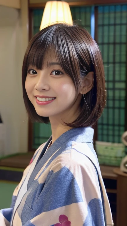 Broadcast Scene、One woman、Highest quality、cute、Liver、Bob Hair、Ash Hair、indoor、Live Streaming、Cosplay、Japanese style、Idols、kimono、Dark、Image quality of SLR cameras、Small face、High resolution, smile,(With bangs)、(Realistic, photo-Realistic:1.4),Social Media Distributor