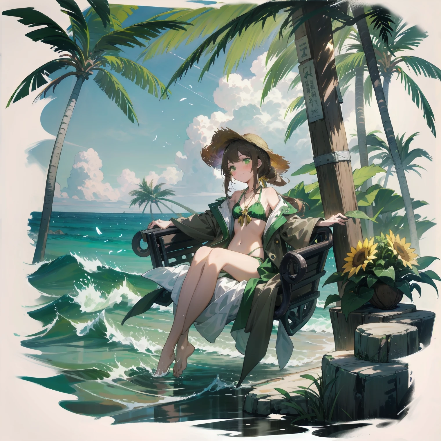 [(White background:1.15), ::2]solitary, Medium shot, whole body，Little people，High Saturation，Brown flowing ponytail，Wear a golden bow around your neck， Green themed swimsuit，Bikini，Green Eyes，blush，Smile，Sunlight，ocean滩，coconut tree，sunflower🌻，water，ocean，Sitting on the swing，A bouquet of flowers，Very gorgeous，wet，（straw hat），（White open-front flowing trench coat）
