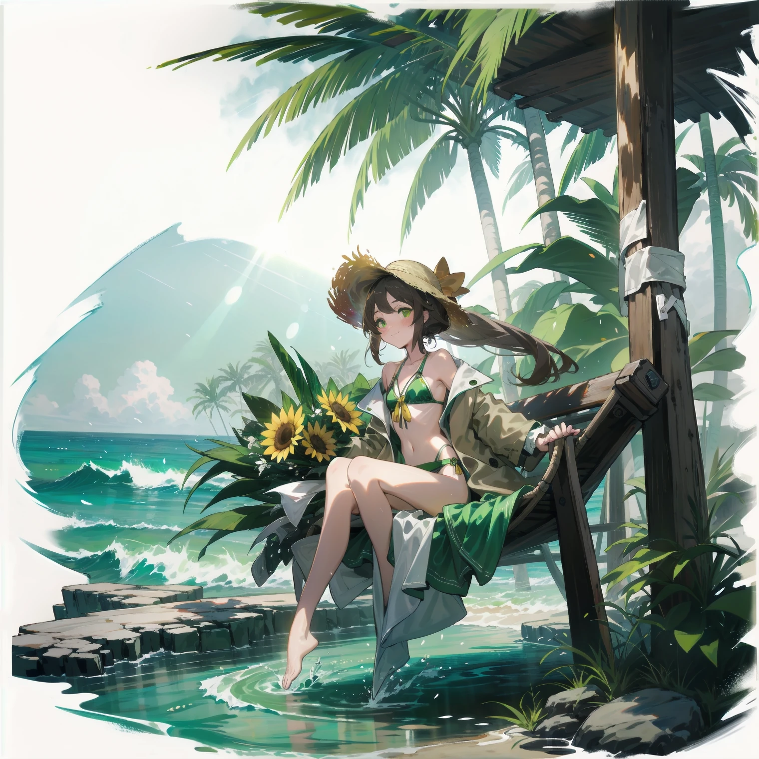 [(White background:1.15), ::2]solitary, Medium shot, whole body，Little people，High Saturation，Brown flowing ponytail，Wear a golden bow around your neck， Green themed swimsuit，Bikini，Green Eyes，blush，Smile，Sunlight，ocean滩，coconut tree，sunflower🌻，water，ocean，Sitting on the swing，A bouquet of flowers，Very gorgeous，wet，（straw hat），（White open-front flowing trench coat）