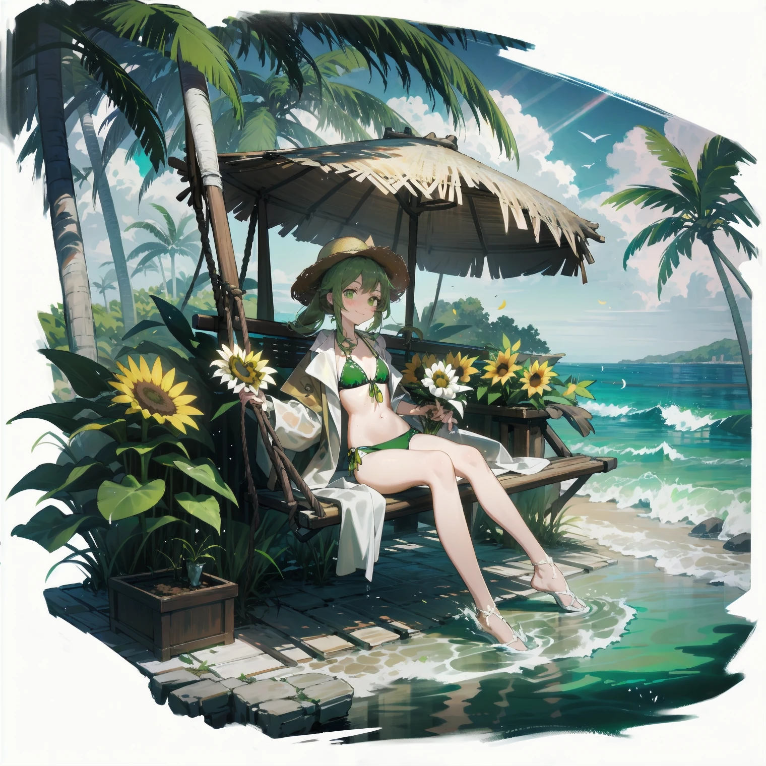 [(White background:1.15), ::2]solitary, Medium shot, whole body，Little people，High Saturation，Brown flowing ponytail，Wear a golden bow around your neck， Green themed swimsuit，Bikini，Green Eyes，blush，Smile，Sunlight，ocean滩，coconut tree，sunflower🌻，water，ocean，Sitting on the swing，A bouquet of flowers，Very gorgeous，wet，（straw hat），（White open-front flowing trench coat）