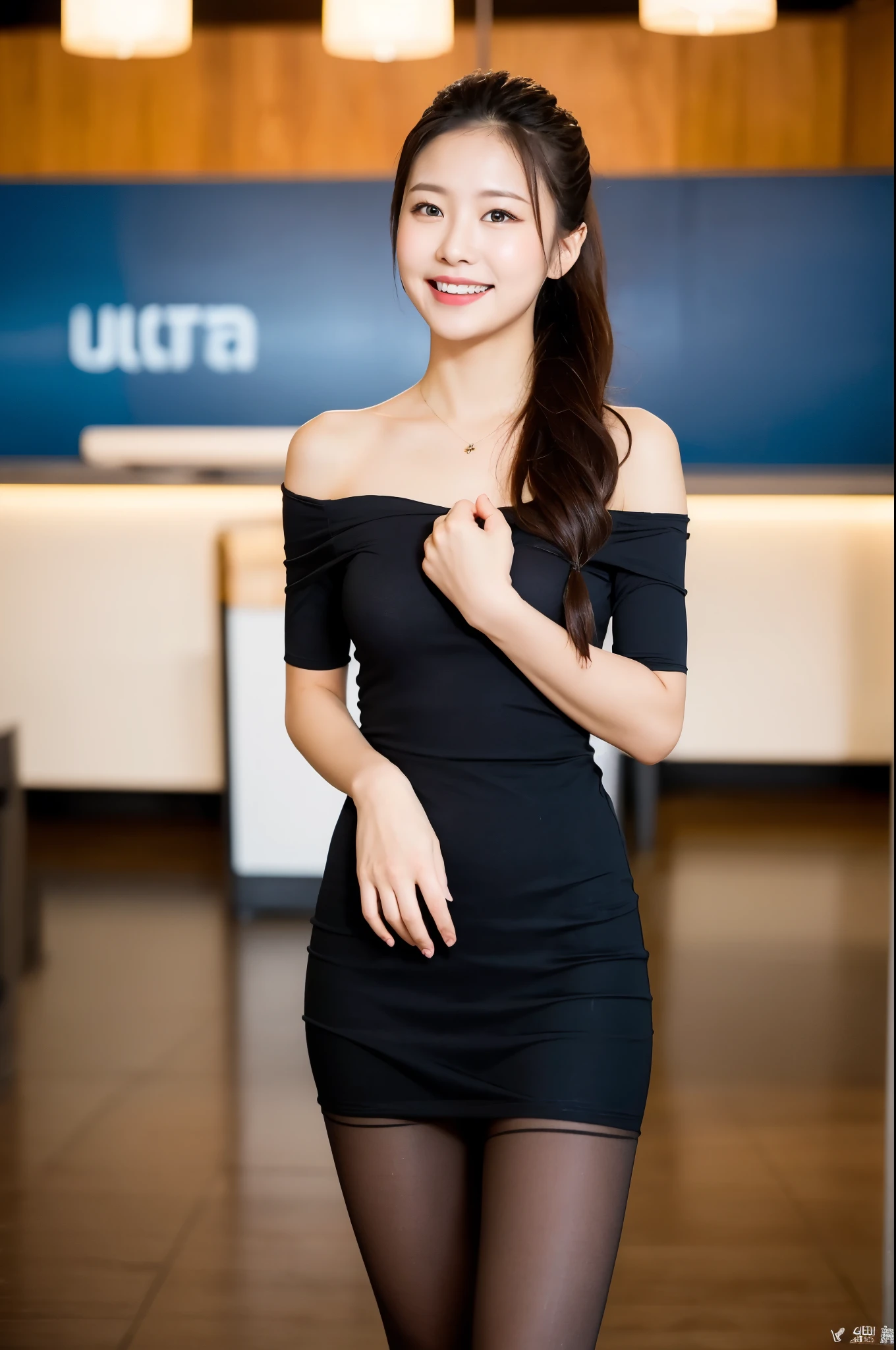 (((masterpiece))), (((Highest quality: 1.4))), ((Very detailed: 1.4)) , ulzzang-6500-v1.1, (RAW Photos:1.2), (Photorealistic), (Genuine:1.4), Sharp focus、Shot from the side、Perfect dynamic composition, Beautiful attention to detail, タレ目cute、ponytail,Small breasts Natural color Lips, Bold sexy pose,smile,Harajuku、20-year-old girl、cute、sexy shot looking at camera、(Off-the-shoulder dress)、(Ultra-realistic pantyhose:1.3), Realistic skin texture、Glowing Skin、Exposed thighs!!!