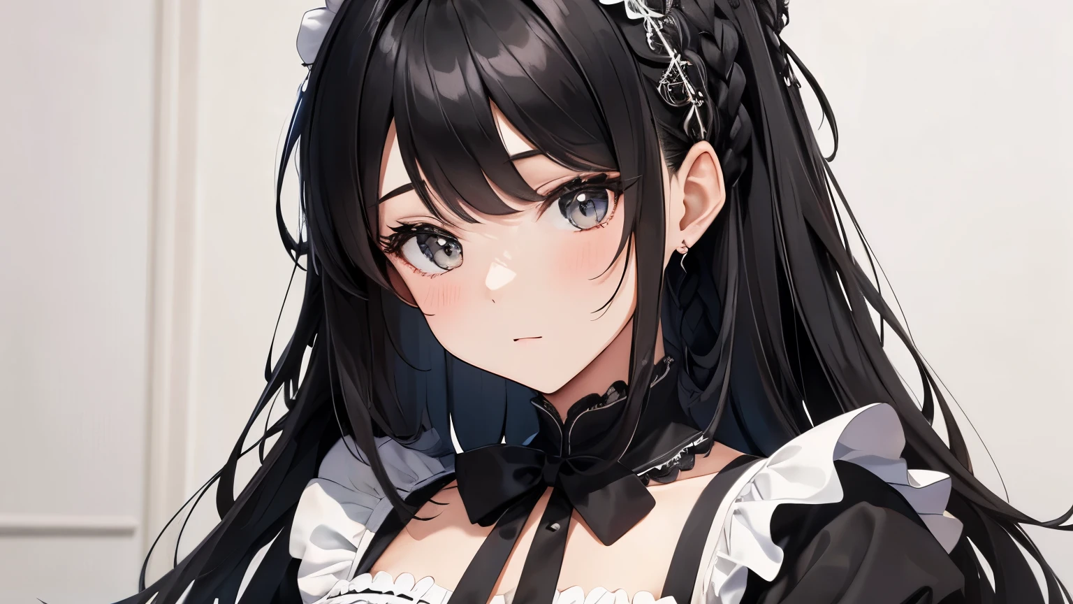 A beautiful girl wearing a black maid outfit with lots of frills and lace　Black hair braid with hair ornament　Upper Body