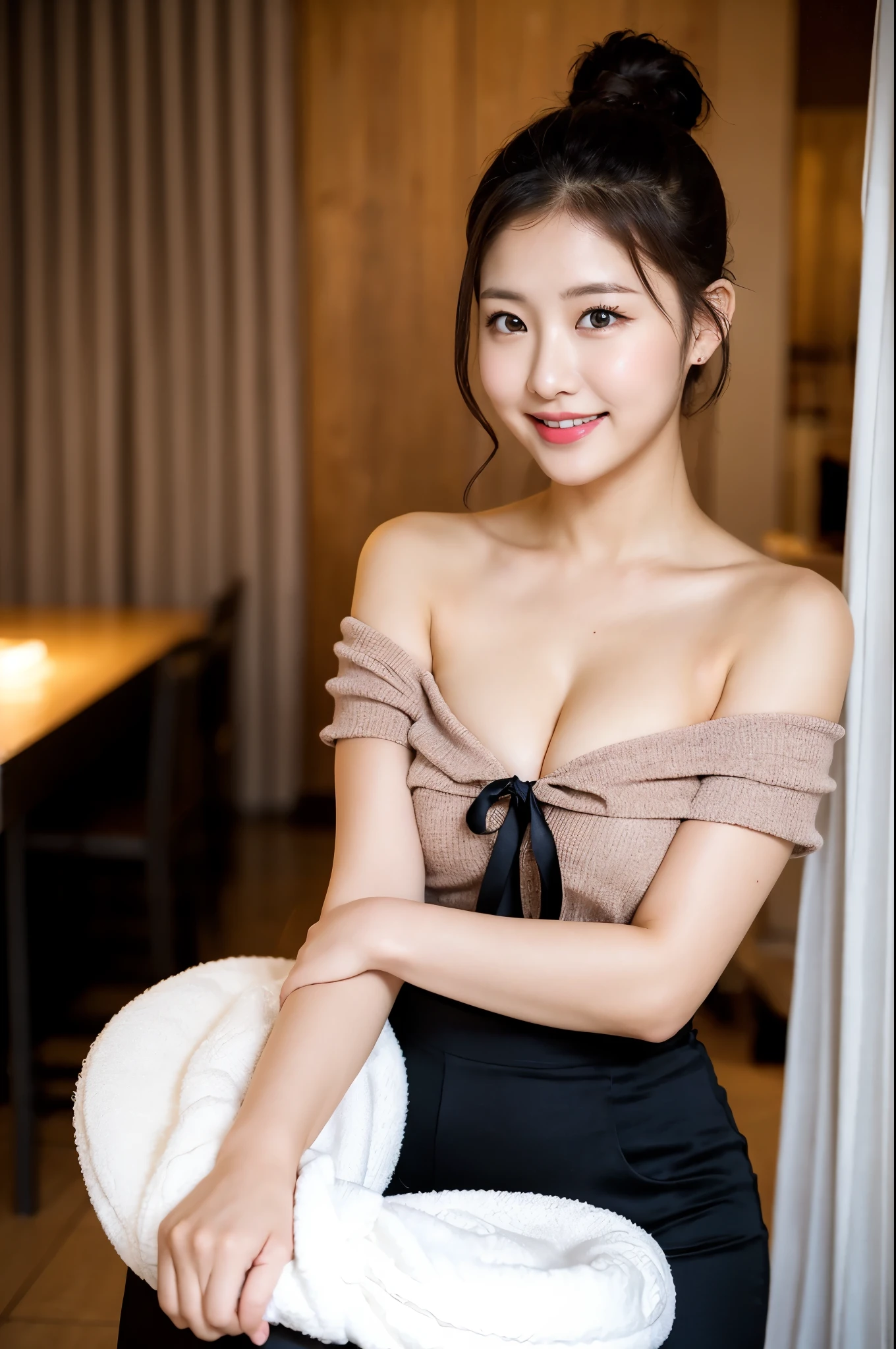(((masterpiece))), (((Highest quality: 1.4))), ((Very detailed: 1.4)) , ulzzang-6500-v1.1, (RAW Photos:1.2), (Photorealistic), (Genuine:1.4), Sharp focus、Shot from the side、Perfect dynamic composition, Beautiful attention to detail, タレ目cute、ponytail,Small breasts Natural color Lips, Bold sexy pose,smile,Harajuku、20-year-old girl、cute、sexy shot looking at camera、(Off-the-shoulder dress)、(Ultra-realistic pantyhose:1.3), Realistic skin texture、Glowing Skin、Exposed thighs!!!