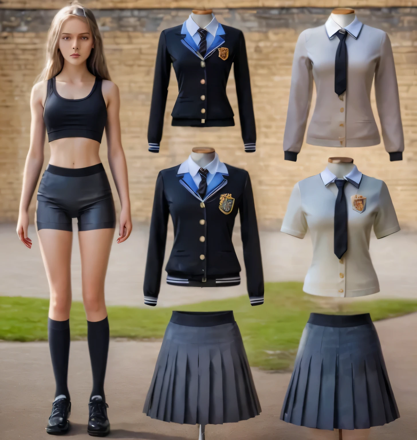a beautiful young british school girl,1girl,black spandex shorts, piece of Hogwarts, black spandex shorts, white dress shirt, grey skirt, black british school jacket, detailed face and eyes,long hair flowing,standing in a pose,cinematic lighting,highly detailed,8k,masterpiece,fantasy art