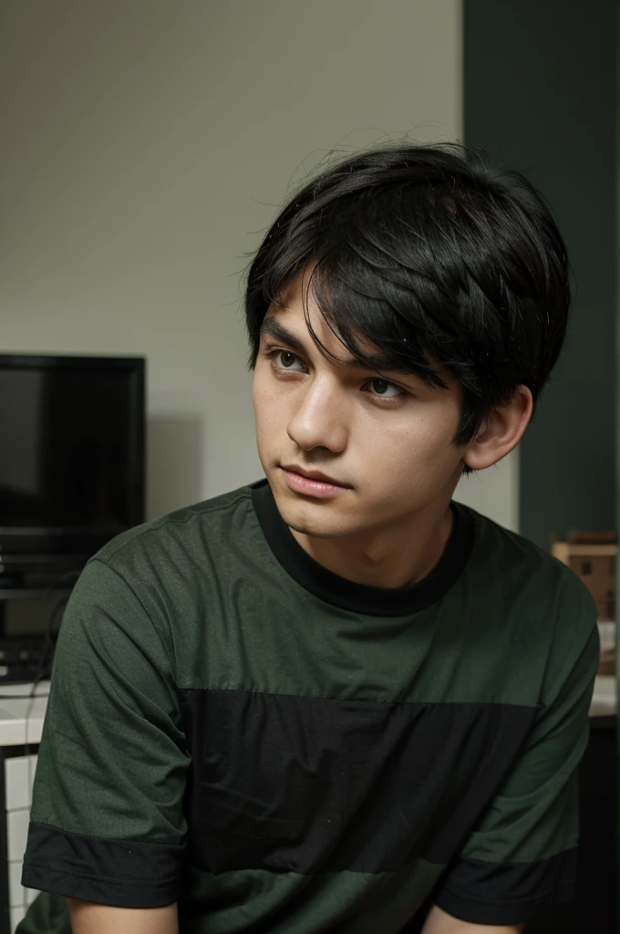 A black-haired boy wearing a green shirt with black stripes Minecraft karakter