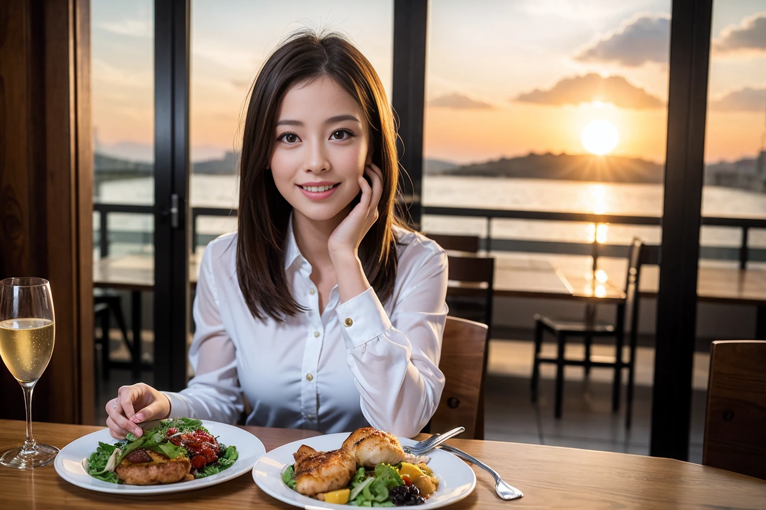 ((Highest quality、8K、masterpiece:1.3))、1 male、1 female、Satomi Ishihara、Beautiful couple、smile、full-course dinner、 (Slim face), (the body is スリム), (Brown Hair), (Shortcuts), ((Bob Hale、Straight hair:1.2)), テーブルの上のwine glass、Shine light on your face、 Amazing view of the sunset sky and clouds、smileの美しさ、Bright image、Blushing, Shortcuts, (43 years old), 39 years old, Appetizers、Italian food、Wine bottle、Champagne、sparkling wine、Long sleeve shirt、dress、Attractive beauty、restaurant, Nova Frog Style, actress, model, Upper Body, White wine, red wine, wine glass,