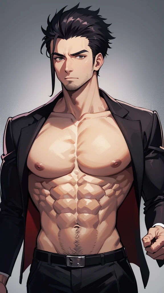 35-year-old mafia man, moreno, Spiky style haircut, with large, wide pectorals and arms, no six pack abs, no shirt, no hair on chest, hairless.
