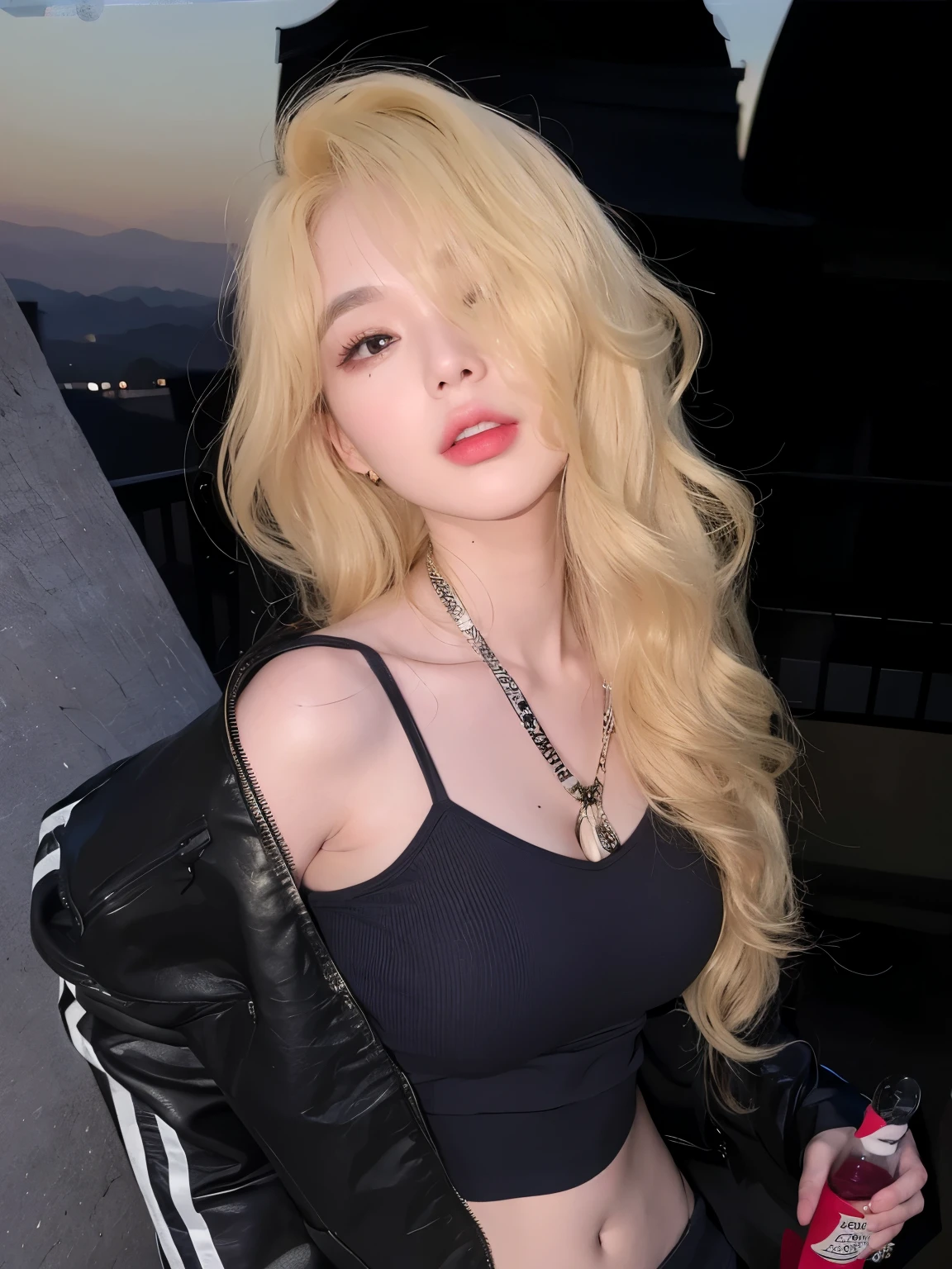 masterpiece,Best quality,A girl with milk tea golden hair,Long curly hair,Very curly hair,Flowing long hair,Facing the camera,Middle-parted bangs,Sweet cool girl,Exquisite facial features,20 years old,Chinese Girl,