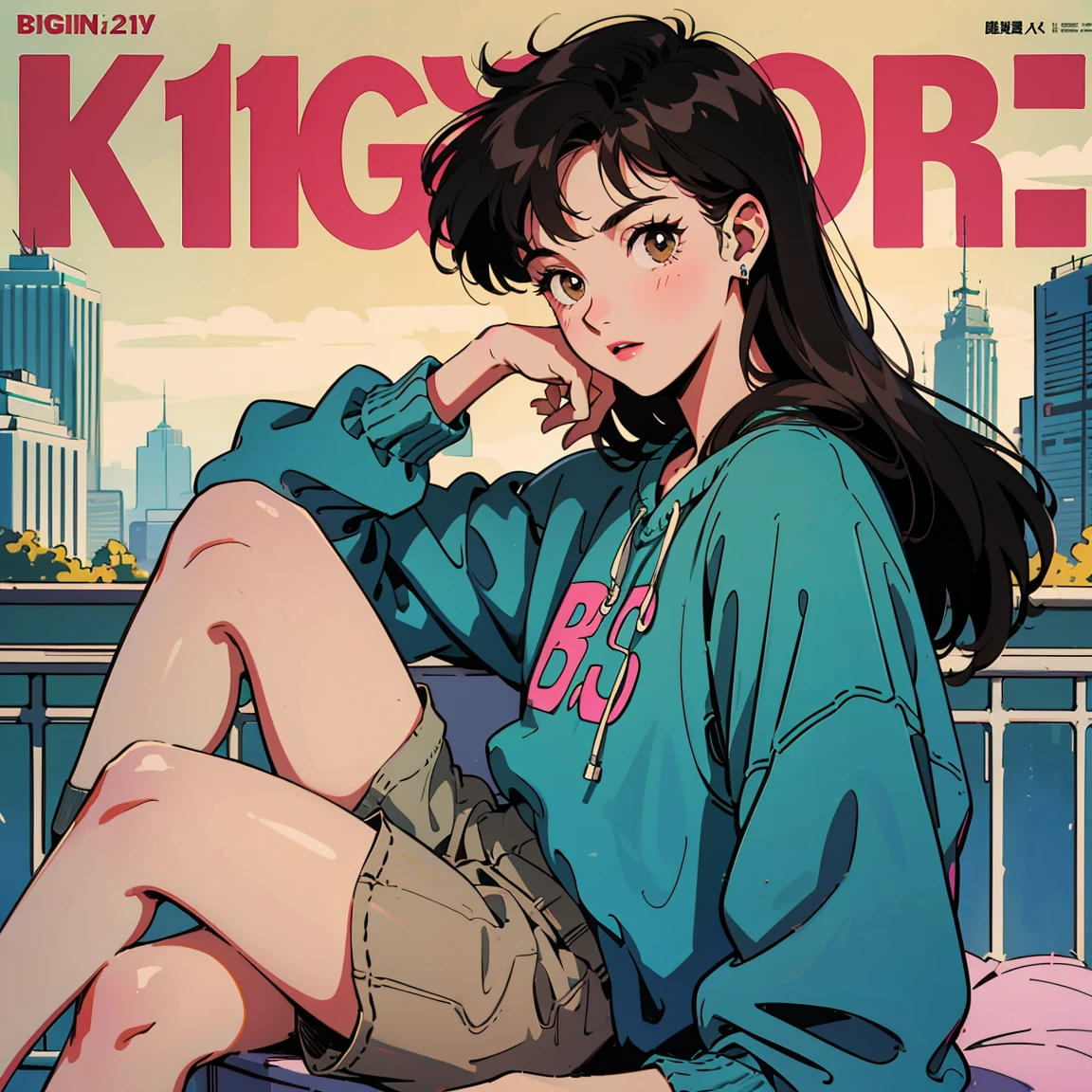 Best image quality, 1980s style animation, 21 year old girl, black hair, long hair, light brown eyes,  With a baggy sweatshirt, magazine cover, whole body , city , evening in the park, posing, retro, sexy eyes, summer