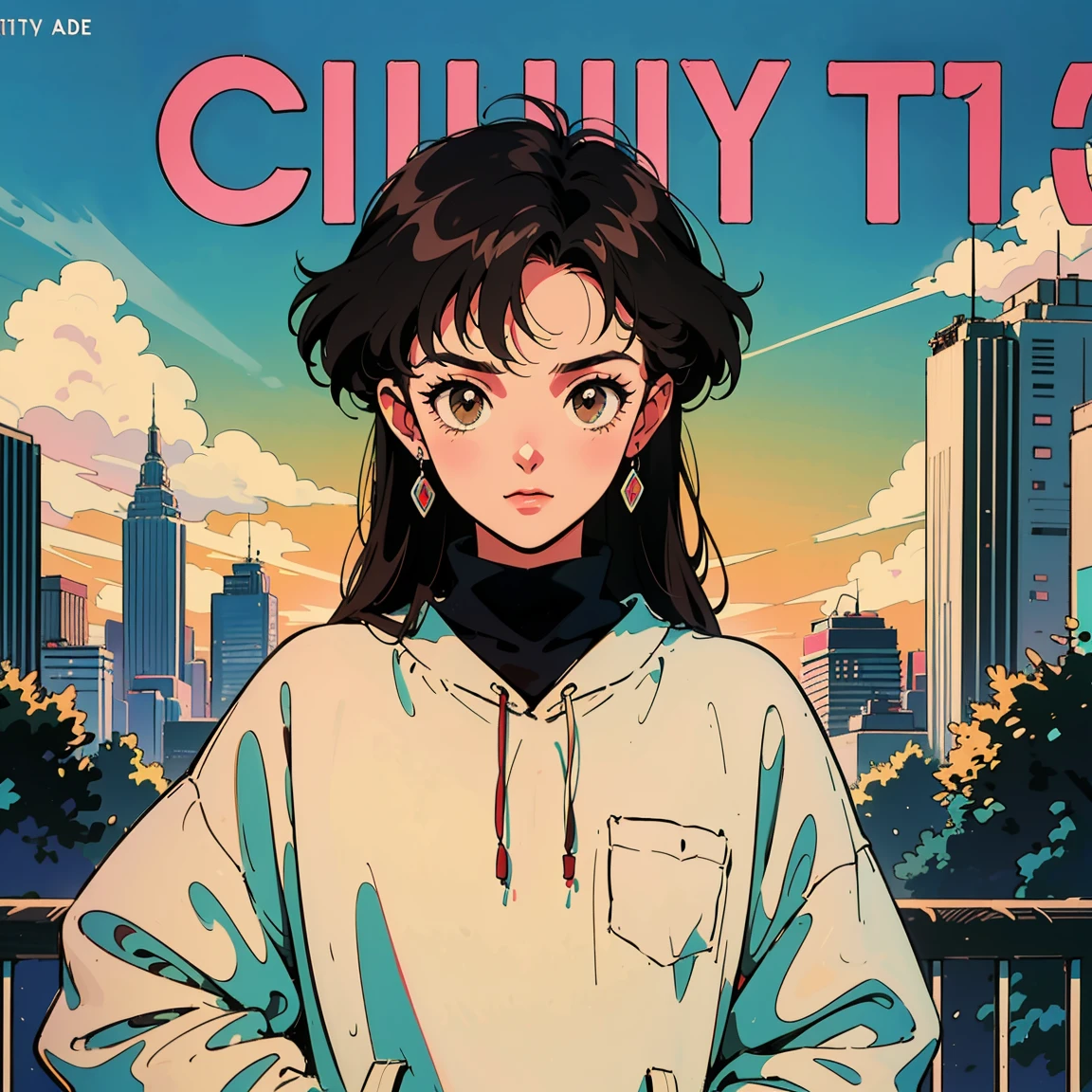 Best image quality, 1980s style animation, 21 year old girl, black hair, long hair, light brown eyes, With a baggy sweatshirt, magazine cover, whole body , city , evening in the park, posing, retro, sexy eyes, summer