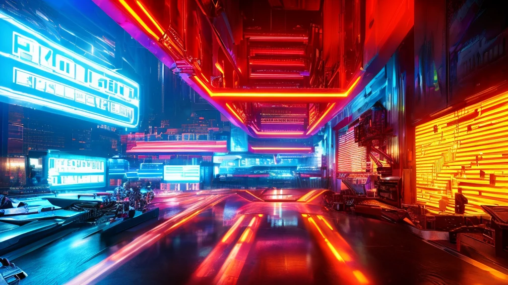 cyberpunk, neon cityscape, futuristic city, skyscrapers, neon signs, holographic displays, hacker, cyborg, dark, gritty, moody, dramatic lighting, cinematic, (best quality,4k,8k,highres,masterpiece:1.2),ultra-detailed,(realistic,photorealistic,photo-realistic:1.37),cinematic composition,dramatic atmosphere,vibrant colors,neon red and blue lights,glowing cyber tech,highly detailed environment