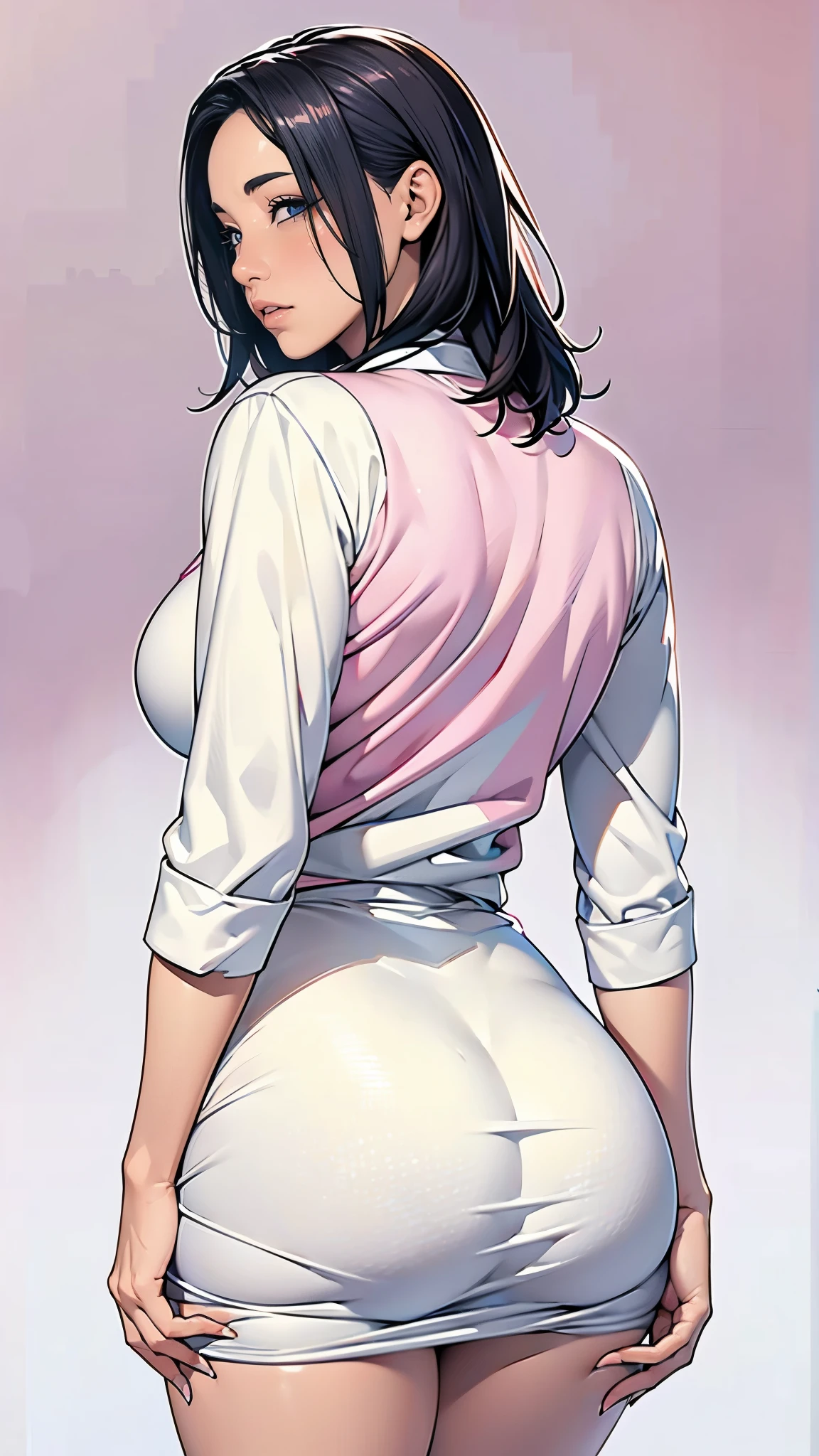 (masterpiece:1.2, Highest quality), (Realistic, photoRealistic:1.4),8K,wallpaper,(Written boundary depth),(Sophisticated lighting:1.1),(Improving cinematic lighting quality:0.9),Woman in a mini skirt and shirt,Buckshot,Photo from behind,(Shapely butt,Big Ass),Rear view,Photo from behind,(skirt that fits the body),(((The background is a white and pink gradient))),((hands))