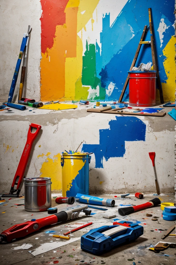 Various tools produce murals scattered on the edge of the wall. There was some paint that opened and spilled on the floor. Next to it there are color sprays, paint containers, various types of brushes, salotape and measuring tape.
Describe the situation from a close-up with an emphasis on shape. composition, space and lighting.
