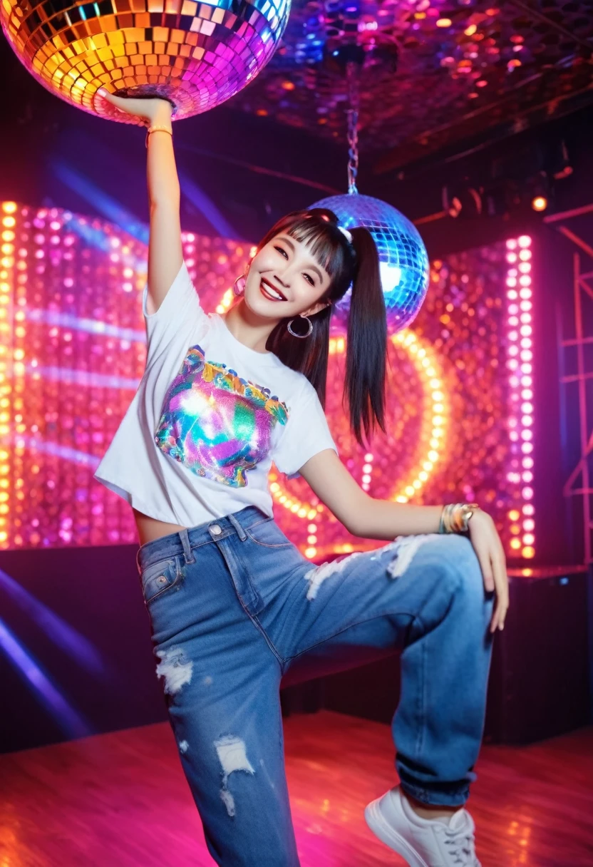 (Best quality, 8k, Masterpiece:1.3), 1 beautiful woman, twintails, wearing casual outfit (jeans, t-shirt with graphic print), dancing joyfully under a disco ball in a dance hall with colorful lights, full body shot, highly detailed background, intricate lighting, smiling brightly, dynamic dance pose with one arm up and the other on hip, glowing light reflections, looking at the camera, vibrant atmosphere, earrings, wristwatch