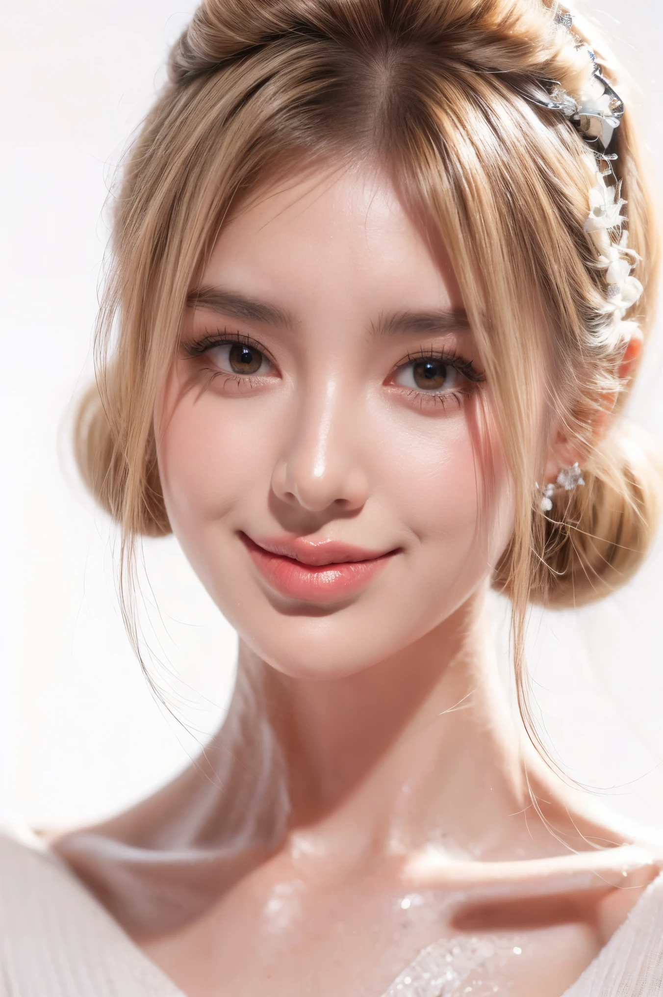 1girl smile face, solo, twintail hair, blonde hair, white background, realistic, lips, eyelashes, 