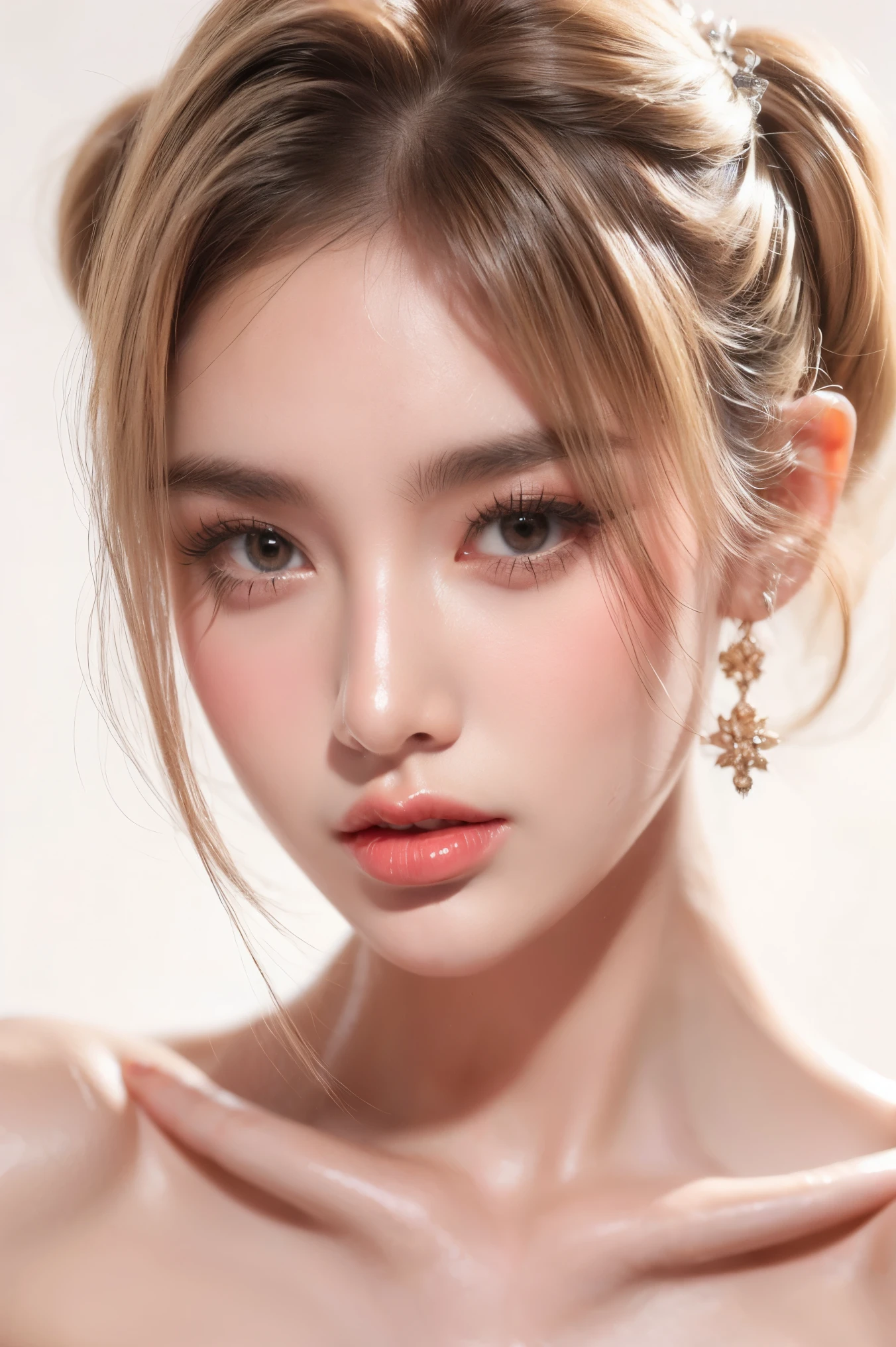 1girl sexy face, solo, twintail hair, blonde hair, white background, realistic, lips, eyelashes, 