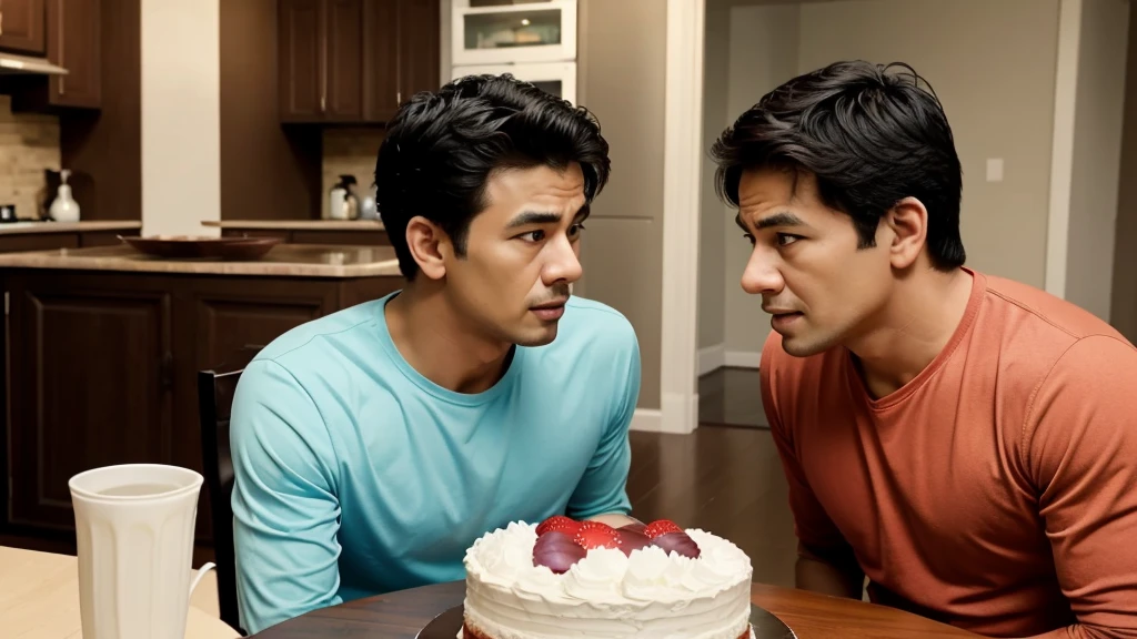 Scene of father and mother worrying about their son. Scene of son bringing the cake. Face to face between father and son. What will be the cartoon images for youtube thumbnail