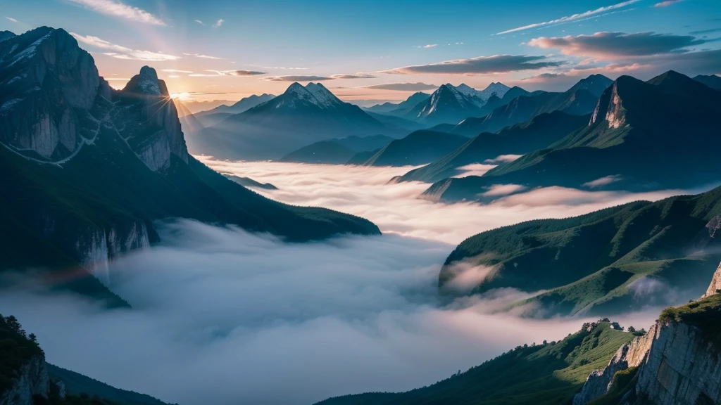 At the center of the canvas is a towering mountain，Its height is astounding，It seems to be connected to the sky。The mountains are illuminated by soft sunlight，The surrounding mountains and clouds present a mysterious interplay of light and shadow。sun shining through clouds，Illuminate every detail of the mountain，Make the whole mountain range look even more spectacular。

Below the peaks，Depicts vast mountainous areas。The mountains and gorges here look even more majestic and steep in the sun。Sunlight shines through the clouds and gaps in the mountains，Sprinkle on the hillside，The entire area is bathed in golden light。Additionally，The vegetation on the mountain also takes on a variety of colors，From verdant woods to brightly colored wildflowers，All reflect the vitality and vitality of nature。

In the middle of this magnificent mountainous area，Several huge waterfalls rush down from above，Splash water layer。Each waterfall is like a silver ribbon，gleaming in the sunlight。Splashes，Refracts colorful light，Like a treasure trove of nature。

In the distance of the canvas，Some looming peaks and seas of clouds are depicted。These peaks and sea of clouds are illuminated by the sun，Presents mysterious light and shadow effects。A sea of clouds rolling，Like a spectacle in the sky，It is in harmony with the mountains on the ground。

The colors of the whole picture are mainly blue and gray，It expresses the mystery of the sky and clouds。ao mesmo tempo，The glow of the sun and the waterfall add golden warmth and brilliance to the picture。This color combination makes the whole picture more spectacular，Let people feel the shock and washing of the soul while appreciating。

The painting not only shows the majesty and magnificence of the mountains，It is also described in terms of delicate light and color，Let people feel the mystery and beauty of nature。In such a scenario，One can feel the power and beauty of nature，At the same time, It is also able to reflect on the place and responsibility of h