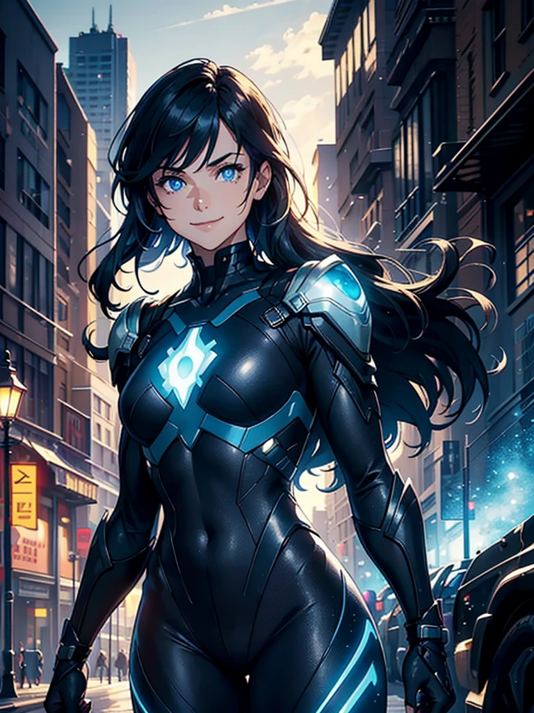 16K, HDR,UHD, RTX, ray tracing, chiaroscuro, best quality, masterpiece, ethereal, perfect illustration, digital artwork, trending on artstation, jaw-dropping perfection, ultra realistic, textured amazing lighting effects, perfect shadows, WLOP, 1girl, beautiful mature edgy woman in a cool long jacket and black pants, superhero suit, stomach covered by clothing, shoulder-length hair, shoulder-length hair, wavy hair, black hair, highly detailed glowing blue eyes, glowing eyes, blue eyes, beautiful glowy blue eyes, detailed eyes, beautiful face, perfect anatomy, broad shoulders, strong upper-body, modern city, city, beautiful weather, stunning sunshine, sunny, daylight, sunlight, modern, nature, daytime, superhero, uplifting, heroic, heroic pose, smiling, smiling at camera, athletic, hands near hips, glowy eyes, daytime, black and blue superhero suit, metal shoulder-pads, summertime, radiant sunlight, beautiful cityscape, hair blowing in wind, manly shoulders, big smile, wide smile, happy eyes, joyful, smiling with teeth, very tall, wide shoulders