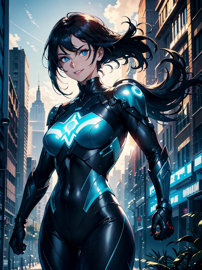 16K, HDR,UHD, RTX, ray tracing, chiaroscuro, best quality, masterpiece, ethereal, perfect illustration, digital artwork, trending on artstation, jaw-dropping perfection, ultra realistic, textured amazing lighting effects, perfect shadows, WLOP, 1girl, beautiful mature edgy woman in a cool long jacket and black pants, superhero suit, stomach covered by clothing, shoulder-length hair, shoulder-length hair, wavy hair, black hair, highly detailed glowing blue eyes, glowing eyes, blue eyes, beautiful glowy blue eyes, detailed eyes, beautiful face, perfect anatomy, broad shoulders, strong upper-body, modern city, city, beautiful weather, stunning sunshine, sunny, daylight, sunlight, modern, nature, daytime, superhero, uplifting, heroic, heroic pose, smiling, smiling at camera, athletic, hands near hips, glowy eyes, daytime, black and blue superhero suit, metal shoulder-pads, summertime, radiant sunlight, beautiful cityscape, hair blowing in wind, manly shoulders, big smile, wide smile, happy eyes, joyful, smiling with teeth, very tall, wide shoulders