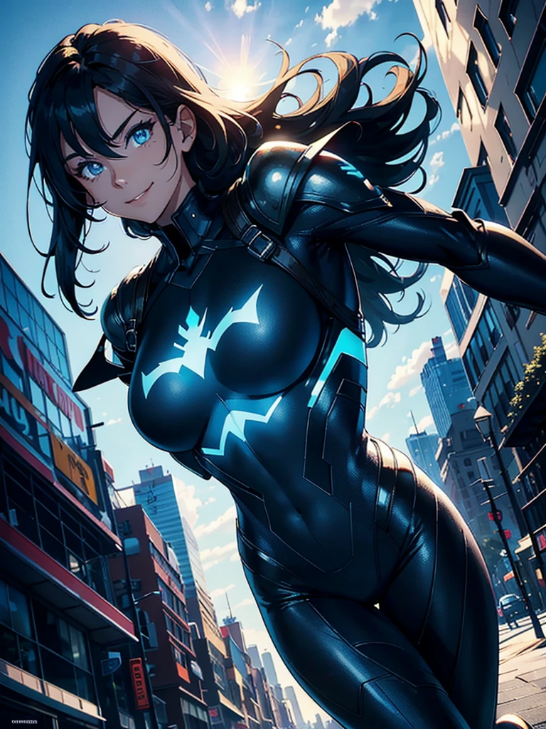16K, HDR,UHD, RTX, ray tracing, chiaroscuro, best quality, masterpiece, ethereal, perfect illustration, digital artwork, trending on artstation, jaw-dropping perfection, ultra realistic, textured amazing lighting effects, perfect shadows, WLOP, 1girl, beautiful mature edgy woman in a cool long jacket and black pants, superhero suit, stomach covered by clothing, shoulder-length hair, shoulder-length hair, wavy hair, black hair, highly detailed glowing blue eyes, glowing eyes, blue eyes, beautiful glowy blue eyes, detailed eyes, beautiful face, perfect anatomy, broad shoulders, strong upper-body, modern city, city, beautiful weather, stunning sunshine, sunny, daylight, sunlight, modern, nature, daytime, superhero, uplifting, heroic, heroic pose, smiling, smiling at camera, athletic, hands near hips, glowy eyes, daytime, black and blue superhero suit, metal shoulder-pads, summertime, radiant sunlight, beautiful cityscape, hair blowing in wind, manly shoulders, big smile, wide smile, happy eyes, joyful, smiling with teeth, very tall, wide shoulders