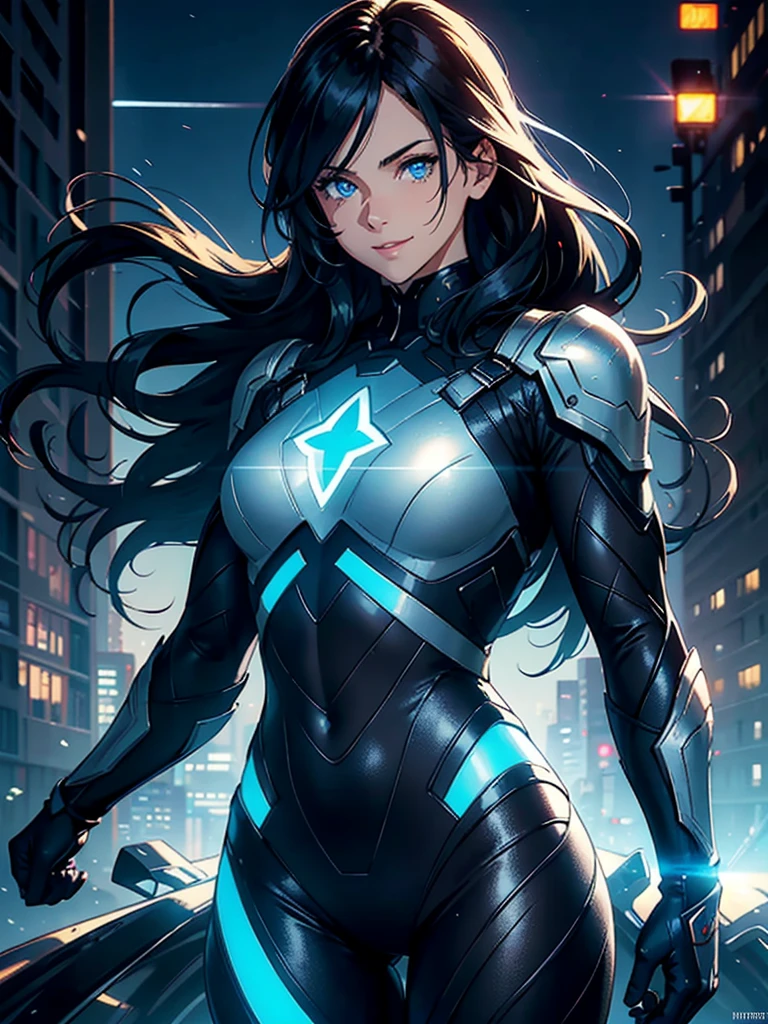 16K, HDR,UHD, RTX, ray tracing, chiaroscuro, best quality, masterpiece, ethereal, perfect illustration, digital artwork, trending on artstation, jaw-dropping perfection, ultra realistic, textured amazing lighting effects, perfect shadows, WLOP, 1girl, beautiful mature edgy woman in a cool long jacket and black pants, superhero suit, stomach covered by clothing, shoulder-length hair, shoulder-length hair, wavy hair, black hair, highly detailed glowing blue eyes, glowing eyes, blue eyes, beautiful glowy blue eyes, detailed eyes, beautiful face, perfect anatomy, broad shoulders, strong upper-body, modern city, city, beautiful weather, stunning sunshine, sunny, daylight, sunlight, modern, nature, daytime, superhero, uplifting, heroic, heroic pose, smiling, smiling at camera, athletic, hands near hips, glowy eyes, daytime, black and blue superhero suit, metal shoulder-pads, summertime, radiant sunlight, beautiful cityscape, hair blowing in wind, manly shoulders, big smile, wide smile, happy eyes, joyful, smiling with teeth, very tall, wide shoulders