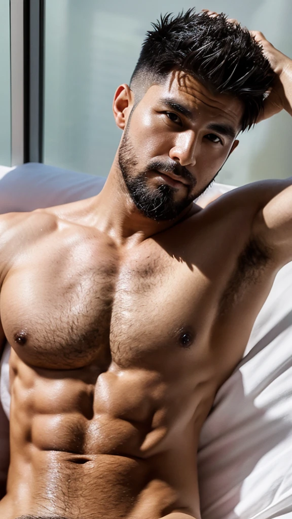 35-year-old mafia man, moreno, Spiky style haircut, with large, wide pectorals and arms, no six pack abs, no shirt, no hair on chest, hairless.