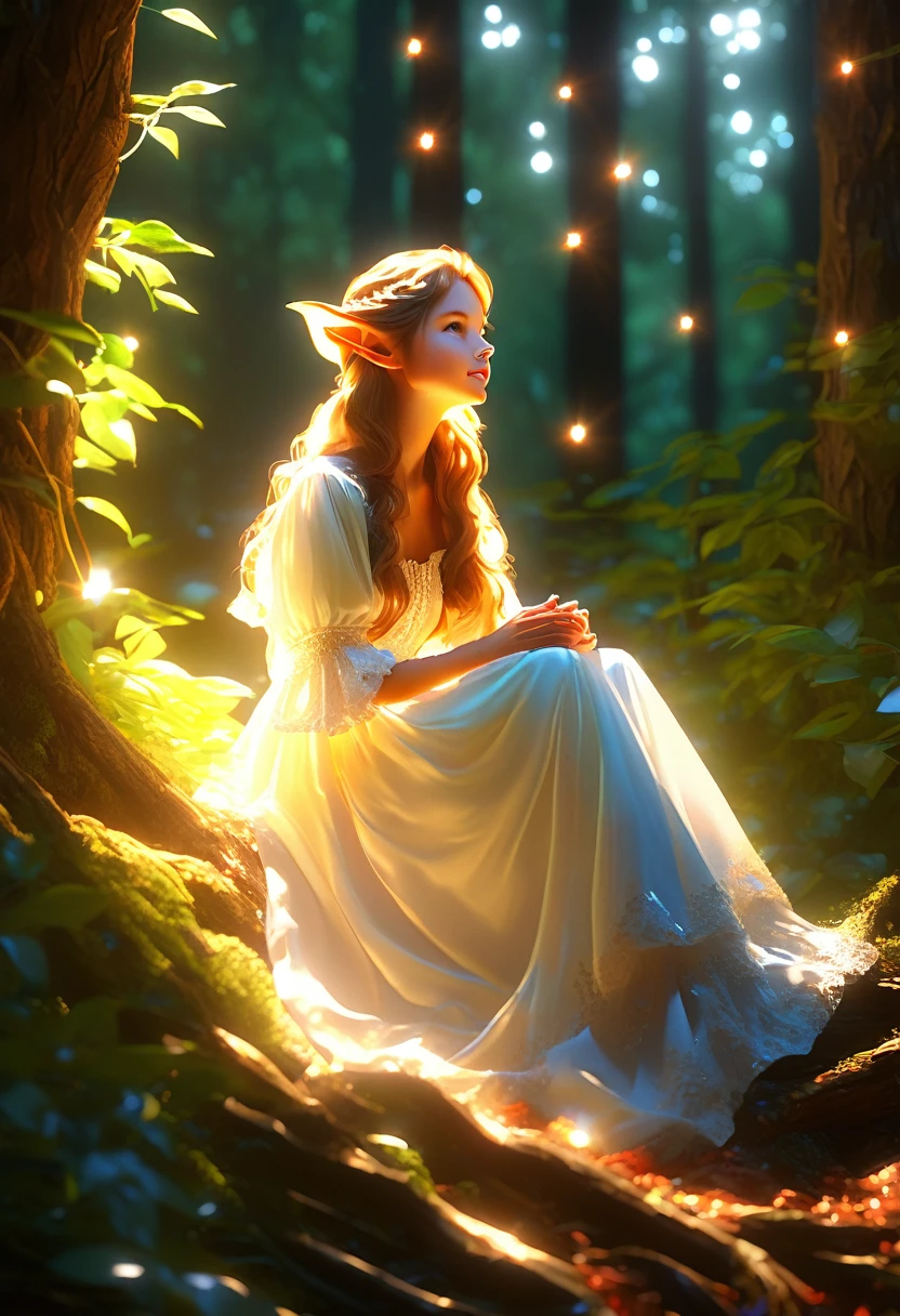illustration,painting,acrylic ,Tyndall effect,Tyndall Lighting Enhancement,Tyndall effect加强,Cute elf girl sitting in the dense forest,look up,Beautiful and delicate face,Close-up enhancement,Sunlight shines through the branches,Cast a shadow on her face,Intense light and dark,Tyndall effect,Tyndall Lighting Enhancement,Tyndall effect加强,Realistic lighting rendering,realistic raytracing,Realistic light reflections,8K,very good,Surreal,Extreme details,Dynamic perspective