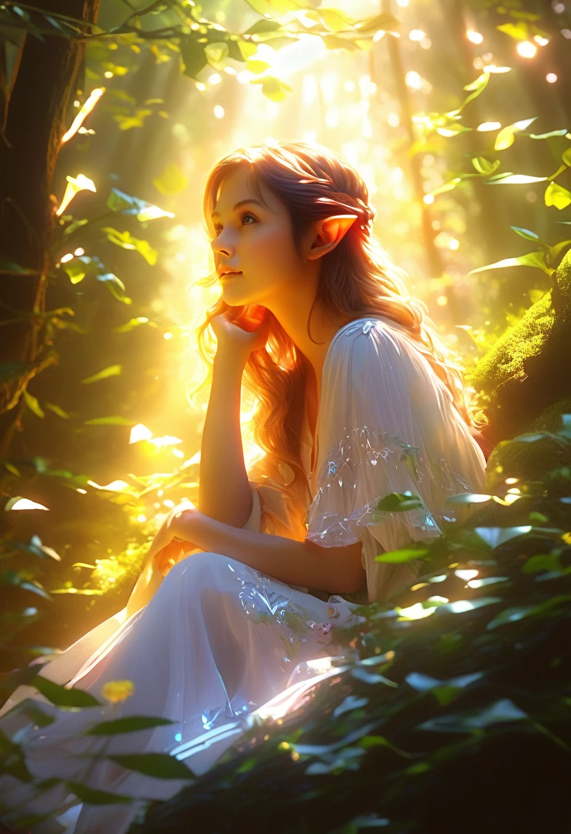 illustration，painting，acrylic ，Tyndall effect，Tyndall Lighting Enhancement，Tyndall effect加强，Cute elf girl sitting in the dense forest，look up，Beautiful and delicate face，Close-up enhancement，Sunlight shines through the branches，Cast a shadow on her face，Intense light and dark，Tyndall effect，Tyndall Lighting Enhancement，Tyndall effect加强，Realistic lighting rendering，realistic raytracing，Realistic light reflections，8K，very good，Surreal，Extreme details，Dynamic perspective