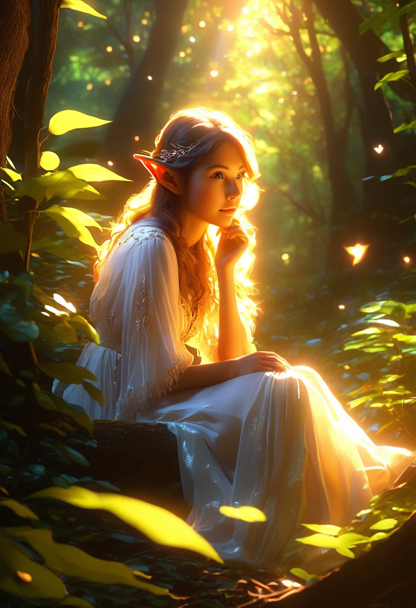 illustration,painting,acrylic ,Tyndall effect,Tyndall Lighting Enhancement,Tyndall effect加强,Cute elf girl sitting in the dense forest,look up,Beautiful and delicate face,Close-up enhancement,Sunlight shines through the branches,Cast a shadow on her face,Intense light and dark,Tyndall effect,Tyndall Lighting Enhancement,Tyndall effect加强,Realistic lighting rendering,realistic raytracing,Realistic light reflections,8K,very good,Surreal,Extreme details,Dynamic perspective