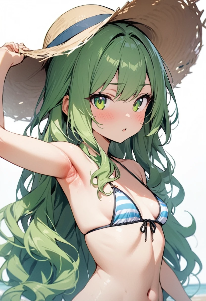 (masterpiece), (best quality), 1girl, small breasts, long hair, wavy hair, green eyes, bikini, sunhat, looking at viewer, armpit, white background