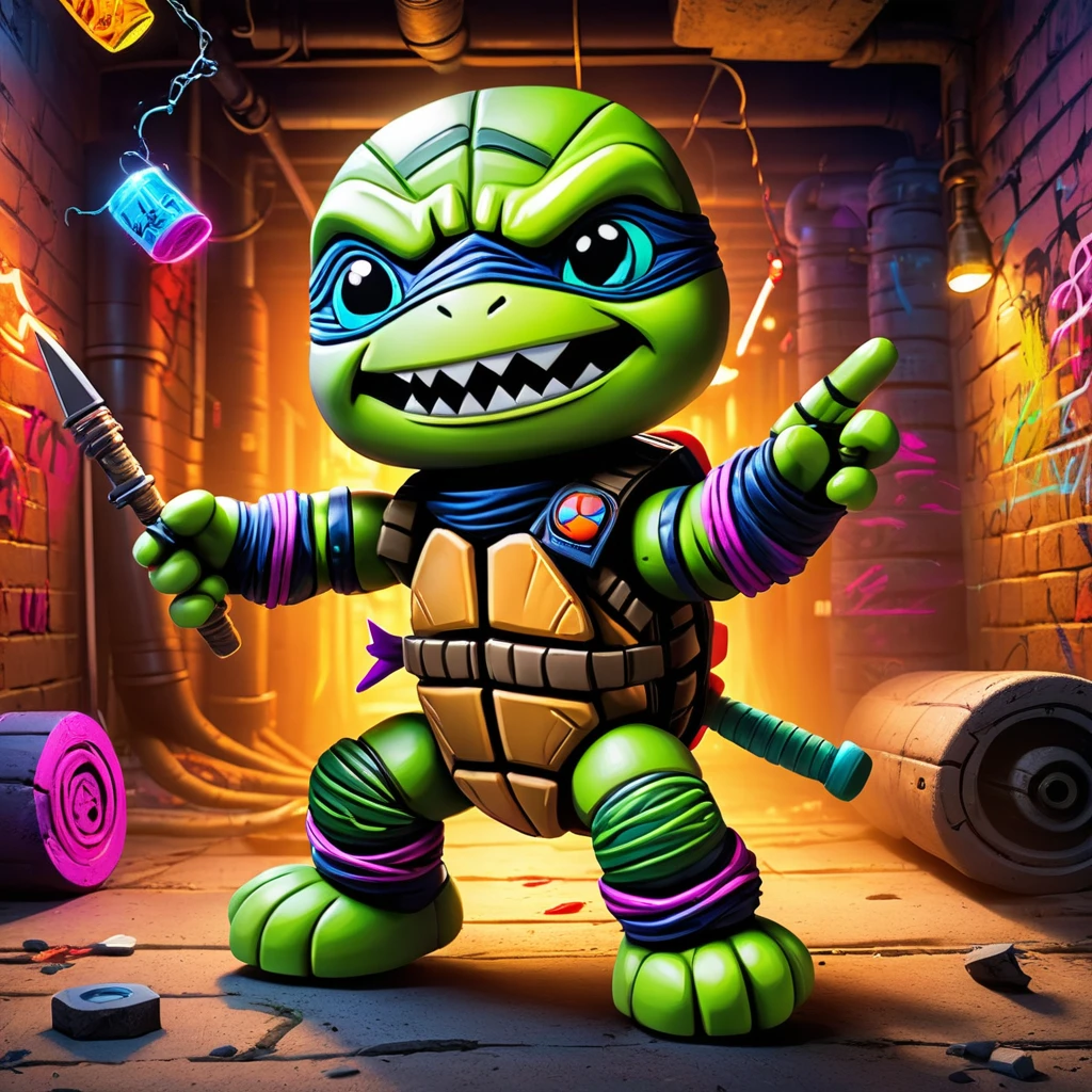 (knitted toy voodoo doll:1.7), (Voodoo Ninja Turtle:1.3), (Clothing: ninja suit with glowing shell symbols:1.0), (Accessories: enchanted nunchucks emitting sparks of stealth magic, levitating spectral pizzas:1.1), (background: underground sewer with floating pipes, glowing graffiti, and spectral shadows:1.2), best quality, masterpiece, detailed soft oil painting, detailed background, dramatic cinematic lighting, soft edge lighting, professional, dramatic lighting, hard edge lighting, ultra quality, 4k, masterpiece, best quality, 8k, ultra high definition, high resolution, extremely detailed
