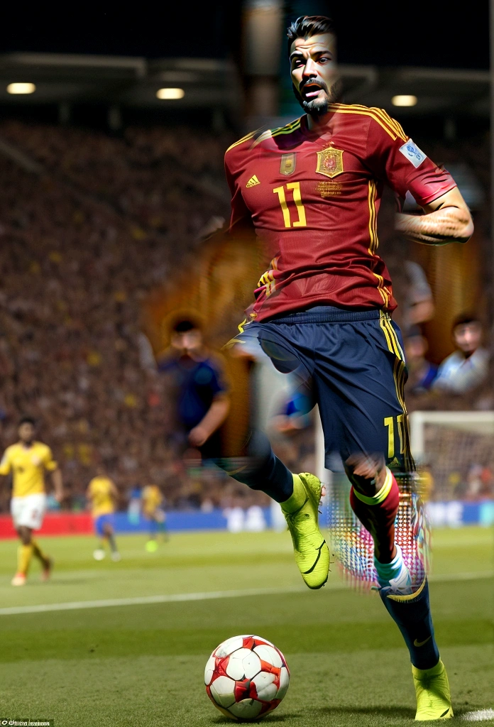 Spanish man, with facial hair, Beautiful face, athletic build, dressed in the uniform of the Spanish national football team, With a happy expression on his face, kicks the ball with one foot, to score a goal, full length, Realism, high quality, Photo, Reality