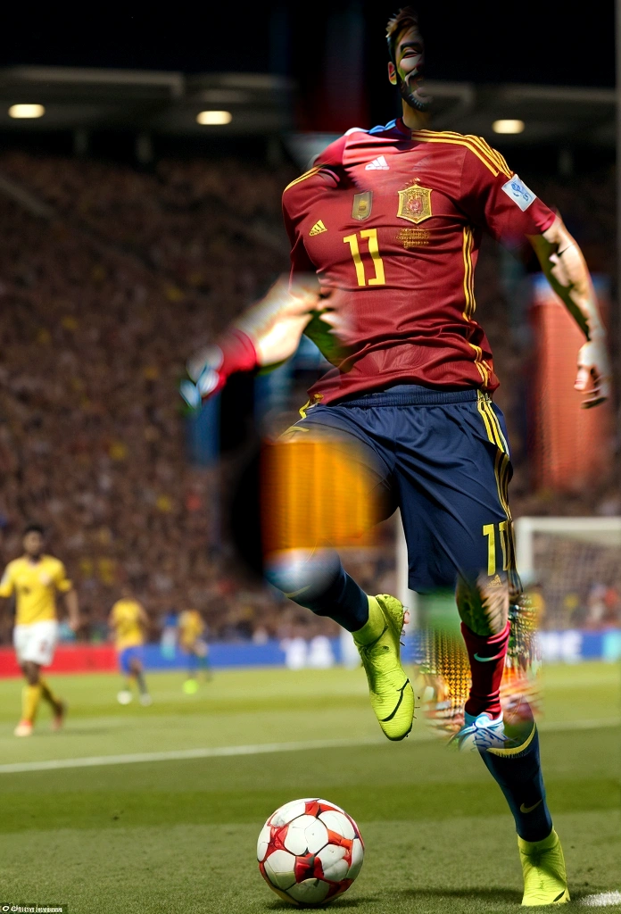 Spanish man, with facial hair, Beautiful face, athletic build, dressed in the uniform of the Spanish national football team, With a happy expression on his face, kicks the ball with one foot, to score a goal, full length, Realism, high quality, Photo, Reality