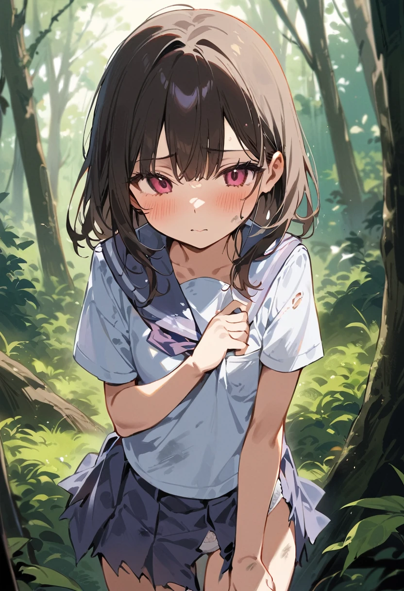 beautiful detailed girl,(masterpiece,best quality,extremely detailed:1.2),((cowboy shot:1.1)),(solo,,kawaii,slender,small breasts:1.25),(pained look:0.8),((white underwear) in ((Torn school uniform)):2),(dirty:2),blush,shy,weep,standing,(deep forest:1.5),(hug:0.4),rating: general, newest,Sexy face,(primitive:1.1)