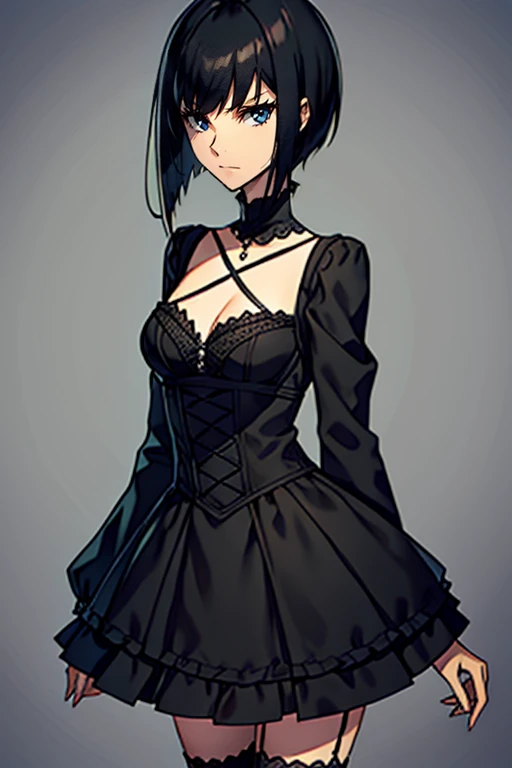 Slim gothic woman with short straight black hair, black eyes and wearing gothic clothing