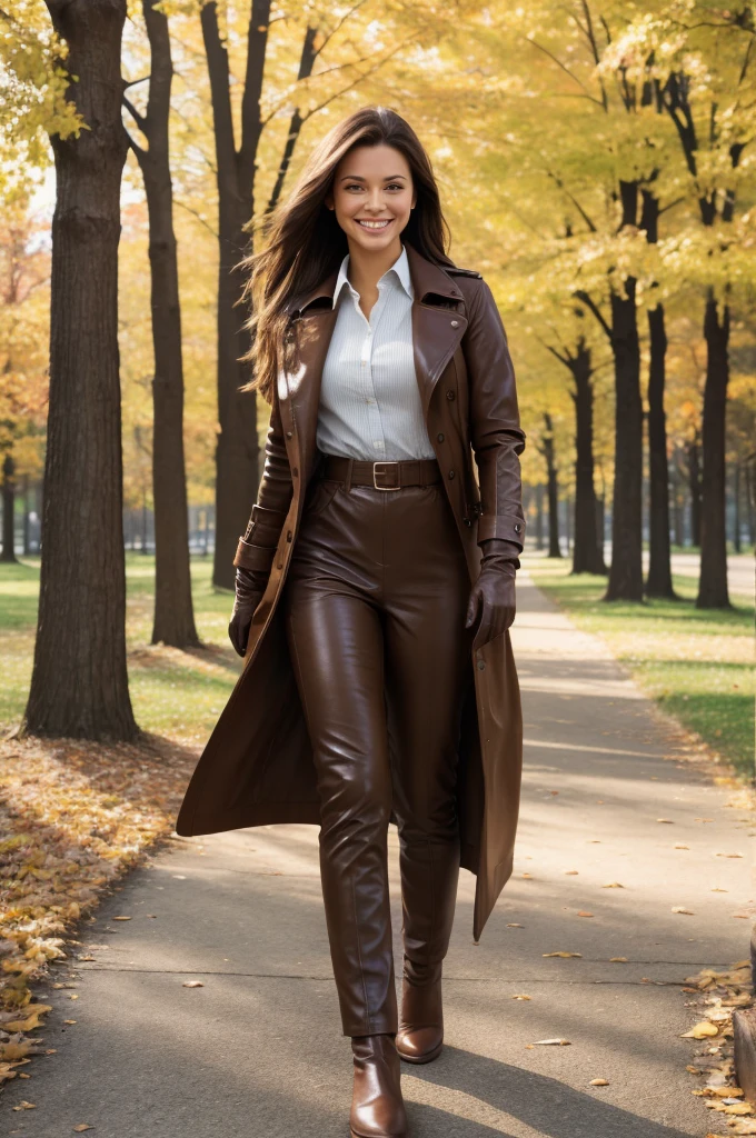 Smiling serbian woman walking in the park. A close portrait, long brown haired woman. She's wearing a belted dark brown trench coat, ((brown leather gloves)), skinny trousers and shirt with a sweater, also she's carrying a backpack on her back. Fall-winter season. Perfect fitness body anatomy, rounded hips. Photorealistic. Realistic colors. Realistic lights. [Increase saturation and contrast] Masterpiece. Realistic anatomy. Highly detailed. Ultra high quality.