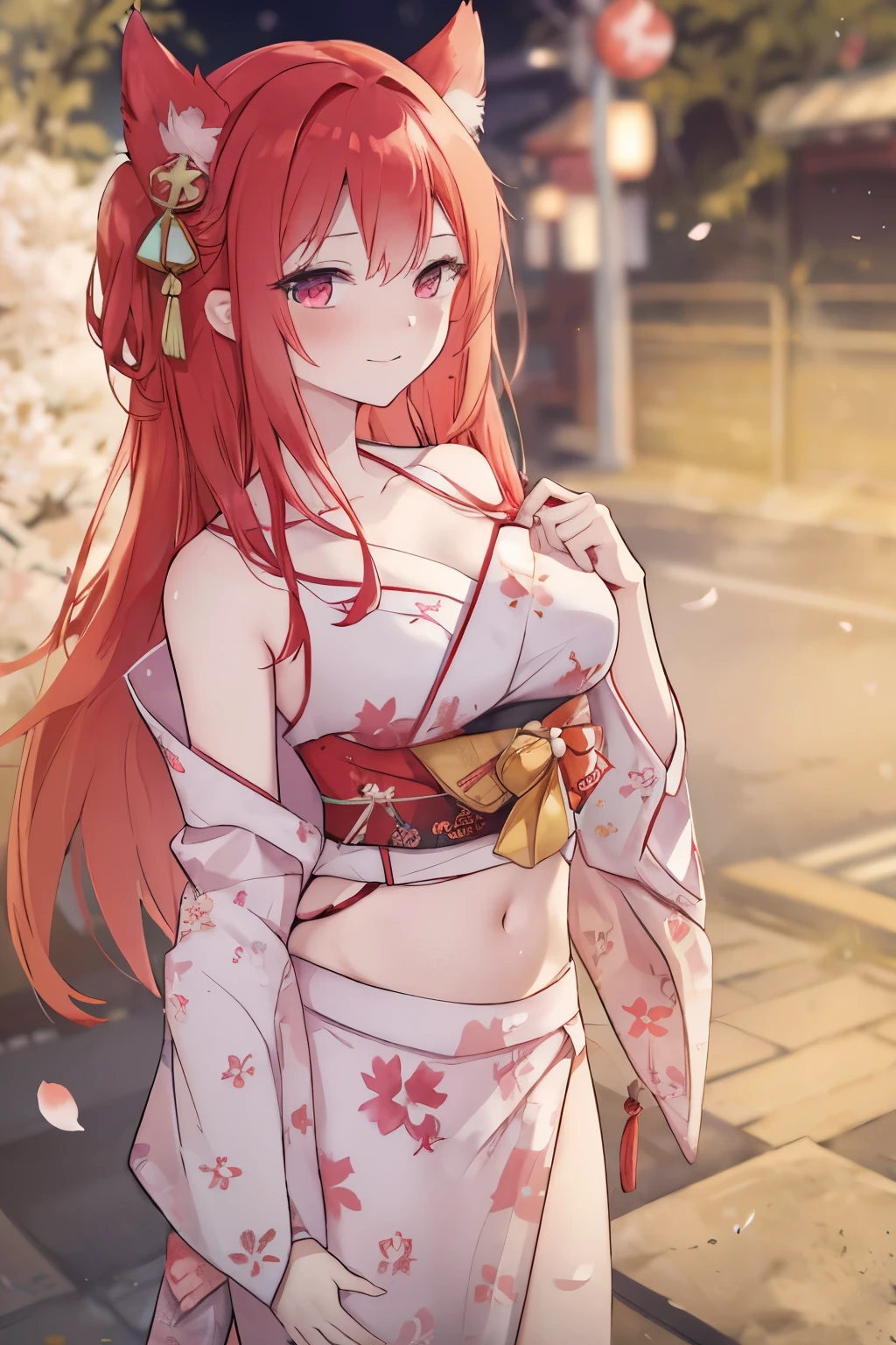 Stunning Masterpiece, Top-Quality, High Resolution, SA1, Long Red Hair, Yukata, Tokyo Backdrop, Ahri from League of Legends, Open Yukata, Cherry Blossom Pattern, Exposed Shoulder, Bare Midriff, Sensual, Diffused Light, Dreamlike, Tokyo Street Scene.