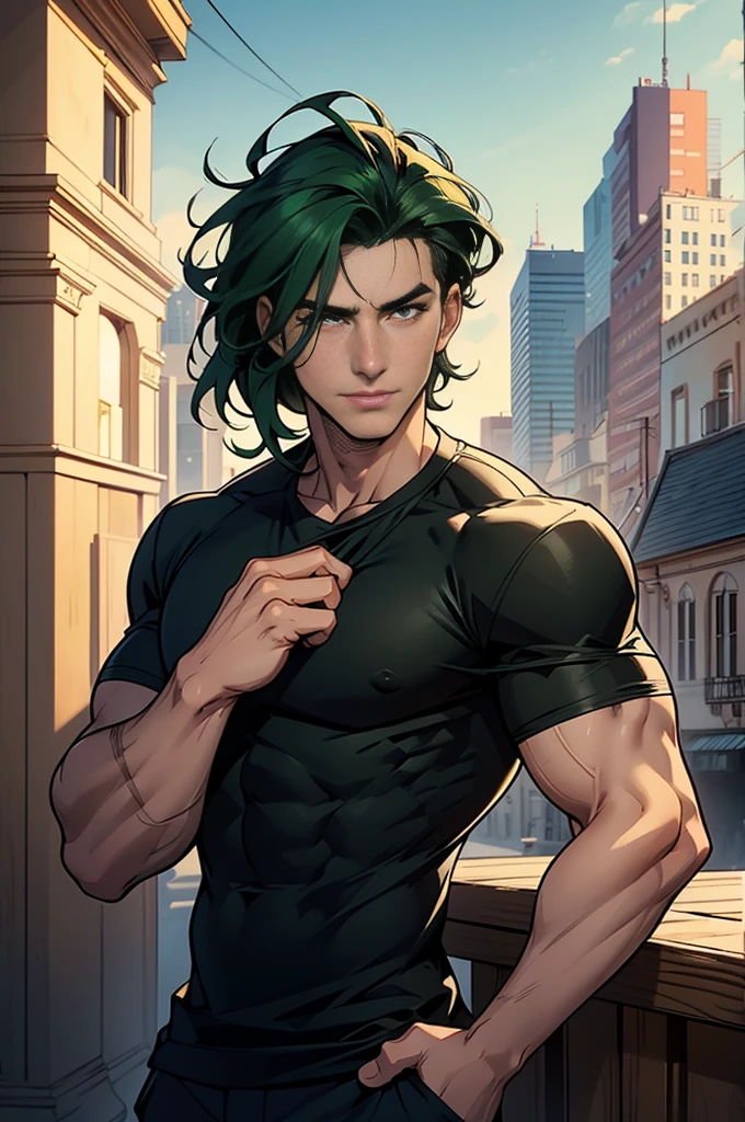 Masterpiece, best quality, 1boy, solo, male, stud male adult, boy, 25 years old, deep forest green hair,Medium-length hair, medium hair, tousled and falls slightly over his forehead, cute, tall, handsome, perfect face, round eyes, expressive eyes, hazel eyes, clever eyes, shiny eyes, broad nose, full lips lips, detailed face, standing, confirmed pose, half smiling, wearing black shirt, tight black shirt, sleeves up, muscular, strong build, olive skin, scar marks in hand, half body,portrait style,looking at viewer, city in background, light and shadow,