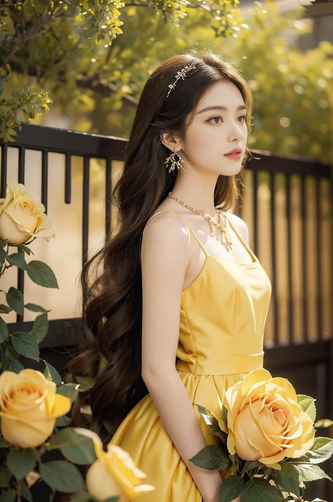 (((best quality))),(((ultra detailed))),(((masterpiece))),illustration, a stunning young girl amidst a sea of yellow roses, yellow rose petal dress,slim,thin, fair skin,shoulder length straight chestnut hair,earrings,necklace,intricate patterns, embellishments, ethereal charm, sparkling eyes, gentle smile,flat chest,small breasts, innocence and grace, yellow roses background, full bloom, fragrance of roses, enchanting presence,admiration, beauty and nature blend, striking appearance, vibrant yellow color, harmonious equilibrium,lasting impression,((standing,arms behind back)),((upper body,from front)),night scene,slender bare legs,