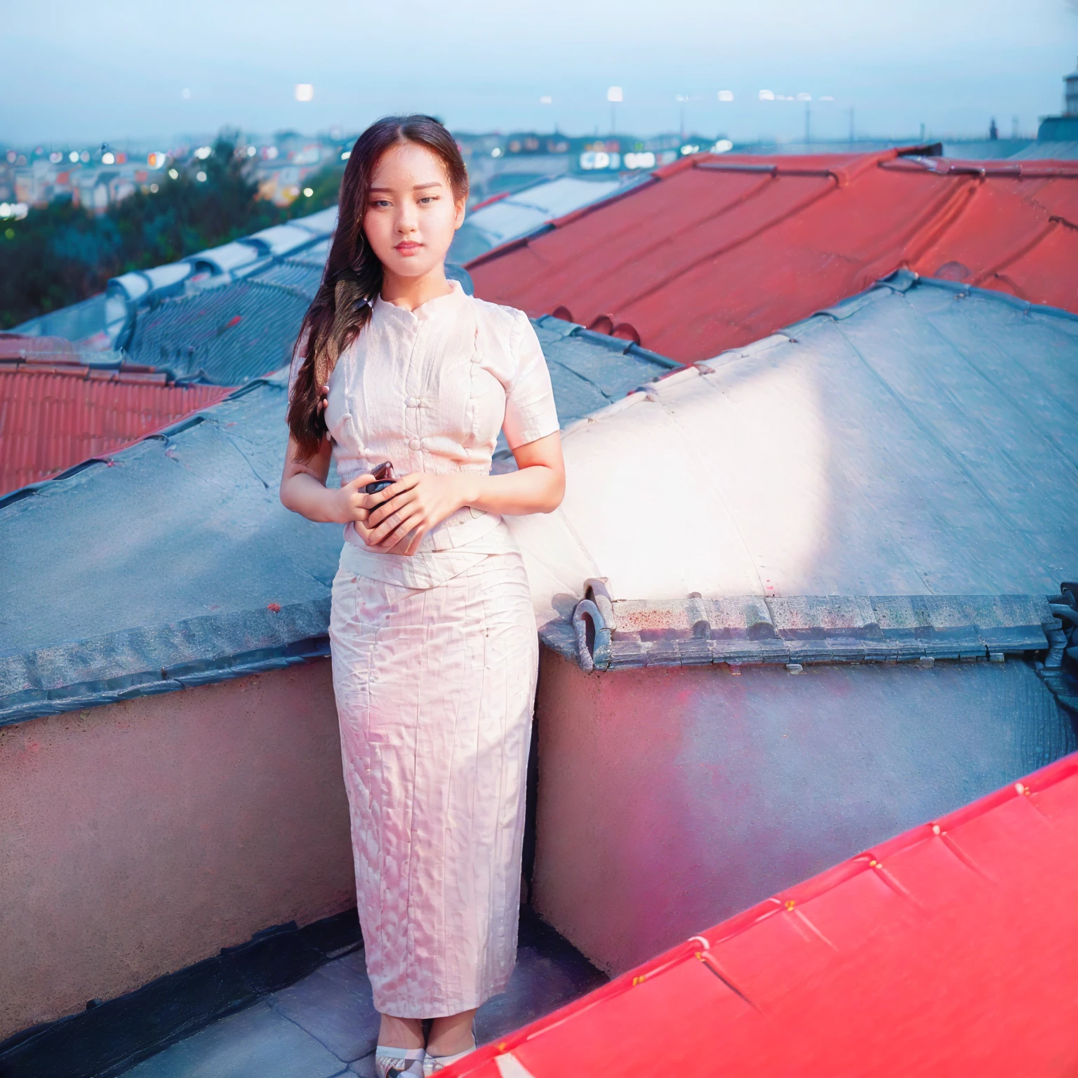 arafed asian woman in a satin dress, ((pretty lady MoonLay)), ((pretty lady MoonLay face:1.5)), ((((pretty lady MoonLay's innocent cute face and cute small smile)))), red lips, (standing with seductive pose for photography:1.5), (looking to the sky:1.5), (stunning night scene:1.5), smooth face skin, traditional beauty, cinematic portrait glow lighting, traditional dress, ((in a white shirt and red skirt:1.5), high heel, ((full body view:2)), ((two story building rooftop stunning slab balcony setting with vibrant colorful small townscape background:1.5)), (small plant pots at balcony:1.3),  ((((DSLR bokeh blur background to highlight portrait view:1.5))), cinematic lighting, perfect anatomy, perfect face, perfect dress, perfect shin and calf, perfect hands, perfect toes