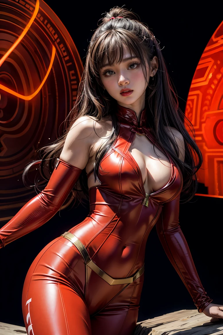 (best quality, 4k, highres, photorealistic), (concept art: 1.2), (bright colors: 1.1), (glowing effect: 1.1), (intense red: 1.2), (dynamic pose: 1.1), (powerful aura: 1.2), (fierce expression: 1.1), (sparkling eyes: 1.1), (flowing hair: 1.1), (ethereal beauty: 1.3), (background: cosmic scenery), (cosmic energy: 1.2), (vibrant stars: 1.1), (energy beams: 1.1), (futuristic technology: 1.2)
A beautiful woman with lined lips, wearing a red bodysuit that tightly hugs her muscular and toned skin. Her outfit covers her navel and is adorned with intricate makeup designs. She is the iconic Red Lantern, a superhero from the DC Comics universe with extraordinary powers.
This version of Red Lantern is a muscular and powerful female character, wearing an all-red uniform that accentuates her figure. Her bodysuit is fitted to her form, emphasizing her curves. The viewer's attention is drawn to her medium-sized breasts, which are beautifully detailed and add to her realism and overall aesthetic.
As she looks directly at the viewer, her captivating gaze is enhanced by the realism of her eyes, which sparkle with intensity. Her expression is fierce and determined, displaying her unwavering dedication to protecting the innocent.
The artwork is of the highest quality, with a resolution of 4K, showcasing every ultra-detailed aspect of the beautiful woman. The photorealistic style brings her to life, making her appear as if she could step off the canvas and into reality.
The artist has captured the essence of red Lantern's power and aura, with a vibrant and dynamic pose. Her body emanates a powerful and glowing green energy, forming a captivating cosmic scenery background. The starry night sky is filled with vibrant and vivid colors, giving the artwork an otherworldly feel.
The cosmic energy radiating from red Lantern is depicted through energy beams and futuristic technology surrounding her. The intensity of her power is further emphasized by the bright and glo